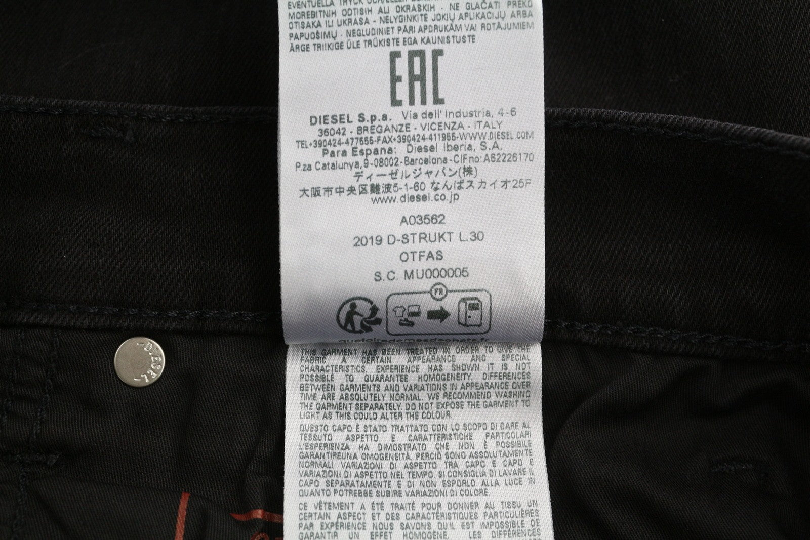 DIESEL 2019 D-Strukt 0TFAS vyriški džinsai W34/L30 tamprūs, ploni, vidutinio juosmens, juodi 