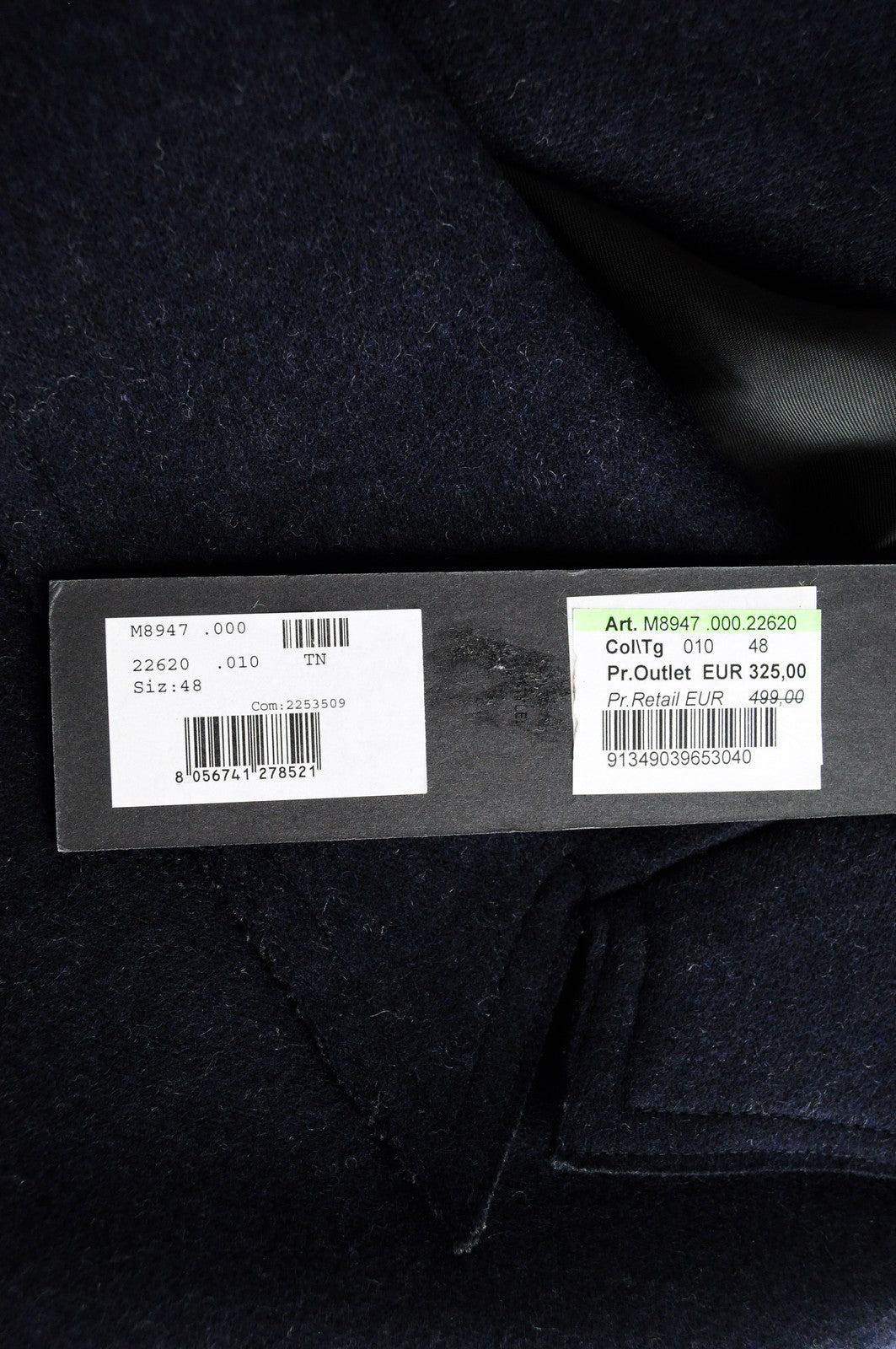 REPLAY vyriškas tamsiai mėlynas paltas, 48 ​​cm, vilnos ir medvilnės mišinio dvieilis paltas su smailia apykakle ir snapeliu, rekomenduojama kaina – 499 € 