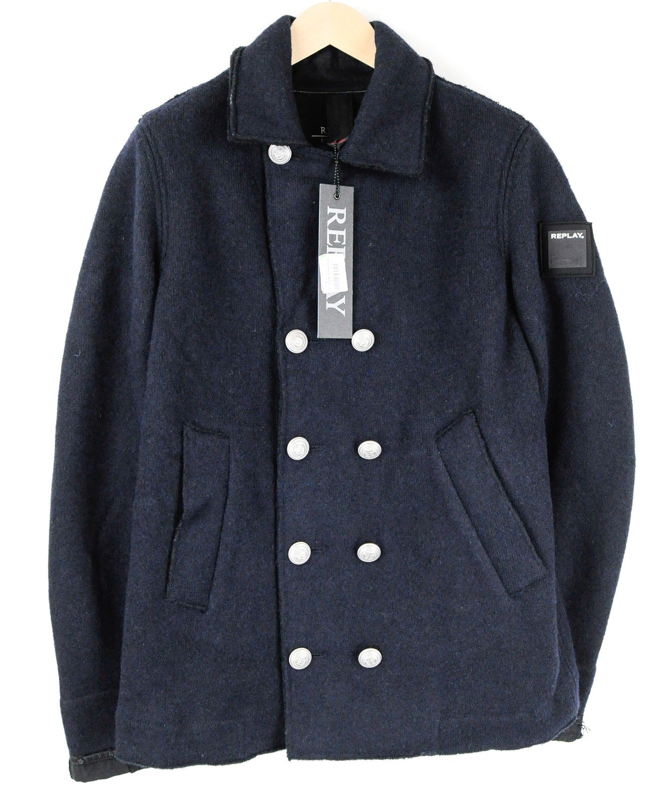 REPLAY Mens Navy Coat L Wool Blend Double-Breasted Lined Smart RRP€329