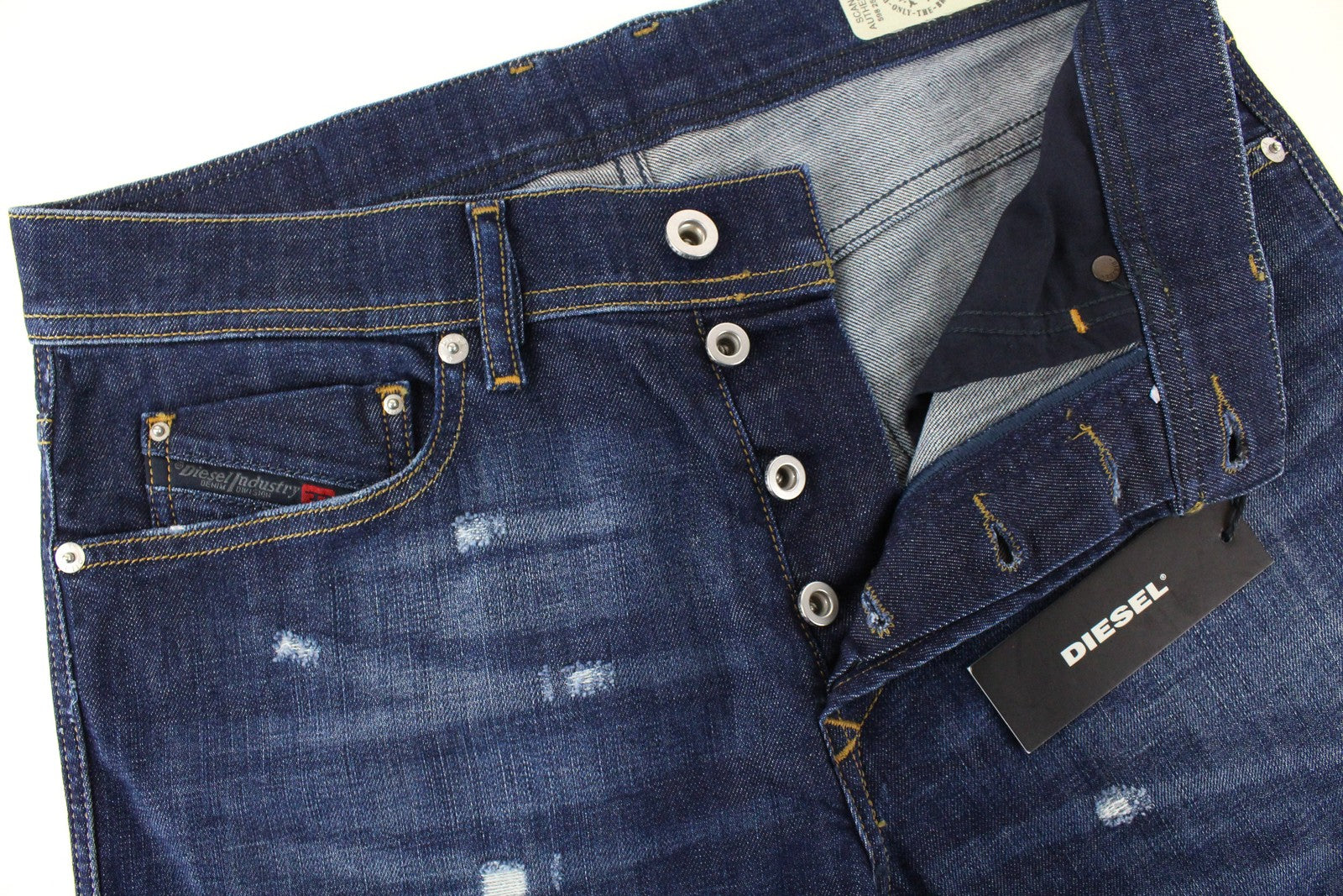 DIESEL Tepphar R7NA8 vyriški džinsai W28/L30 Slim morkų mėlynos spalvos, tamprūs, plėšyti medvilniniai džinsai 