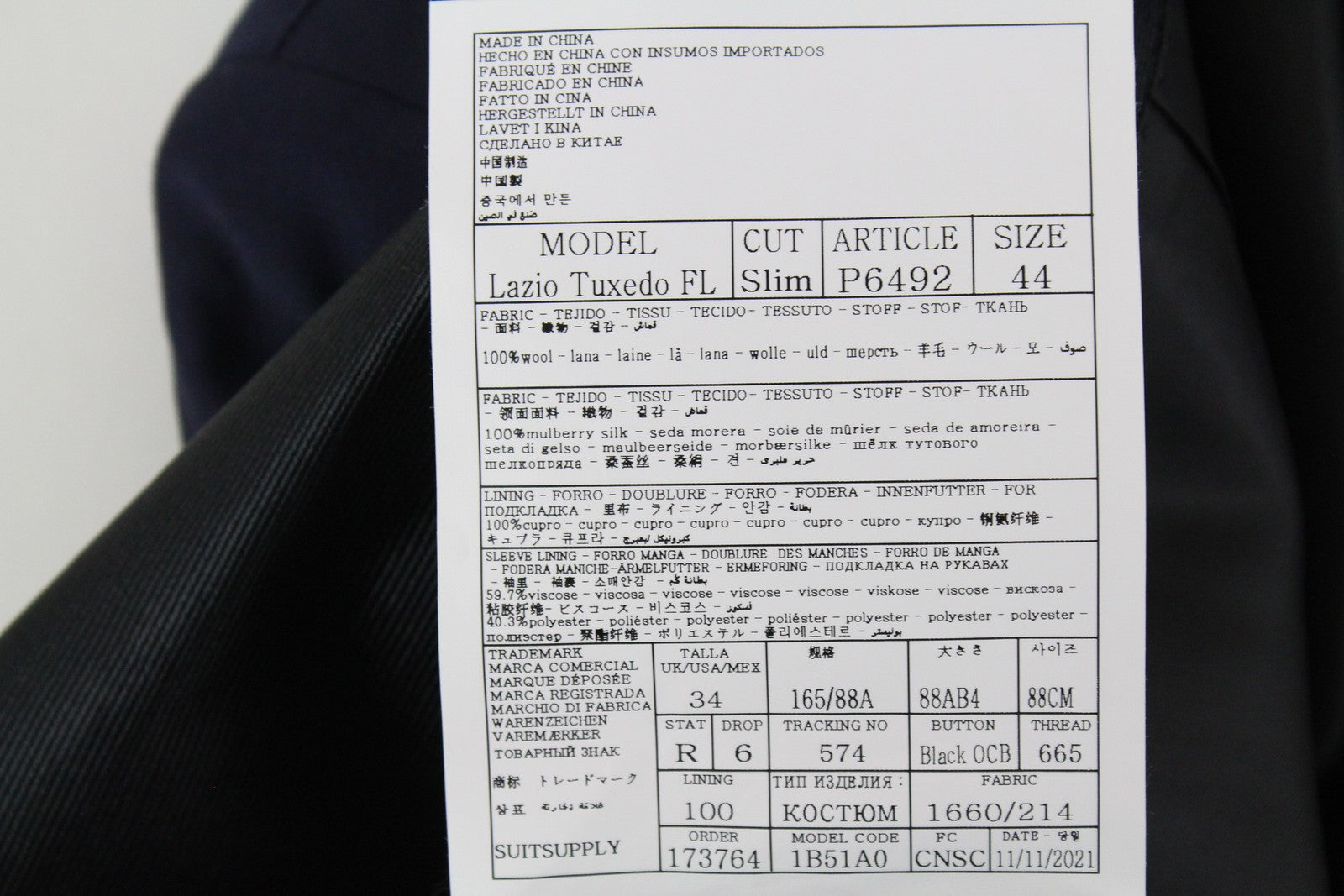 SUITSUPPLY Lazio Tuxedo Blazer Men UK34R Navy Super 120's Wool Slim Formal