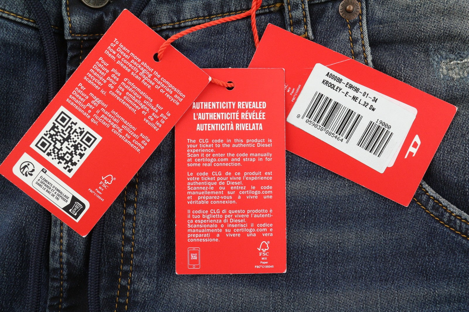 DIESEL Krooley-E-Ne E9H98 vyriški džinsai W34/L32 Jogg Distress skalbtos mėlynos spalvos, rekomenduojama kaina – 295 € 