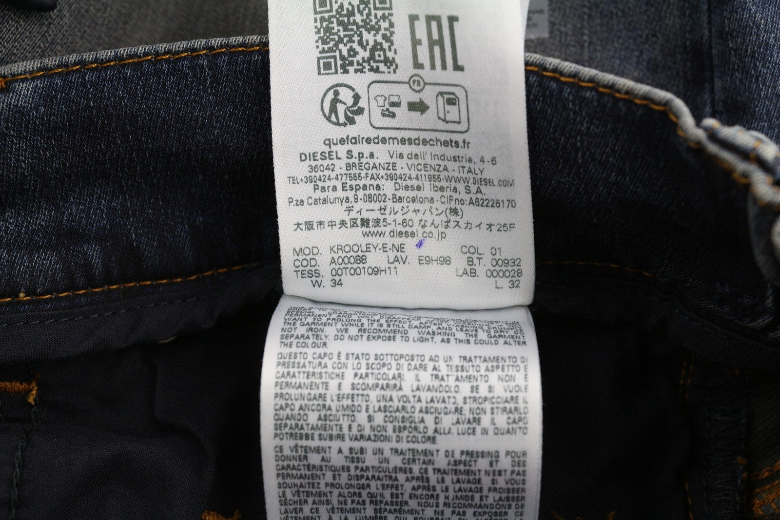 DIESEL Krooley-E-Ne E9H98 vyriški džinsai W34/L32 Jogg Distress skalbtos mėlynos spalvos, rekomenduojama kaina – 295 € 