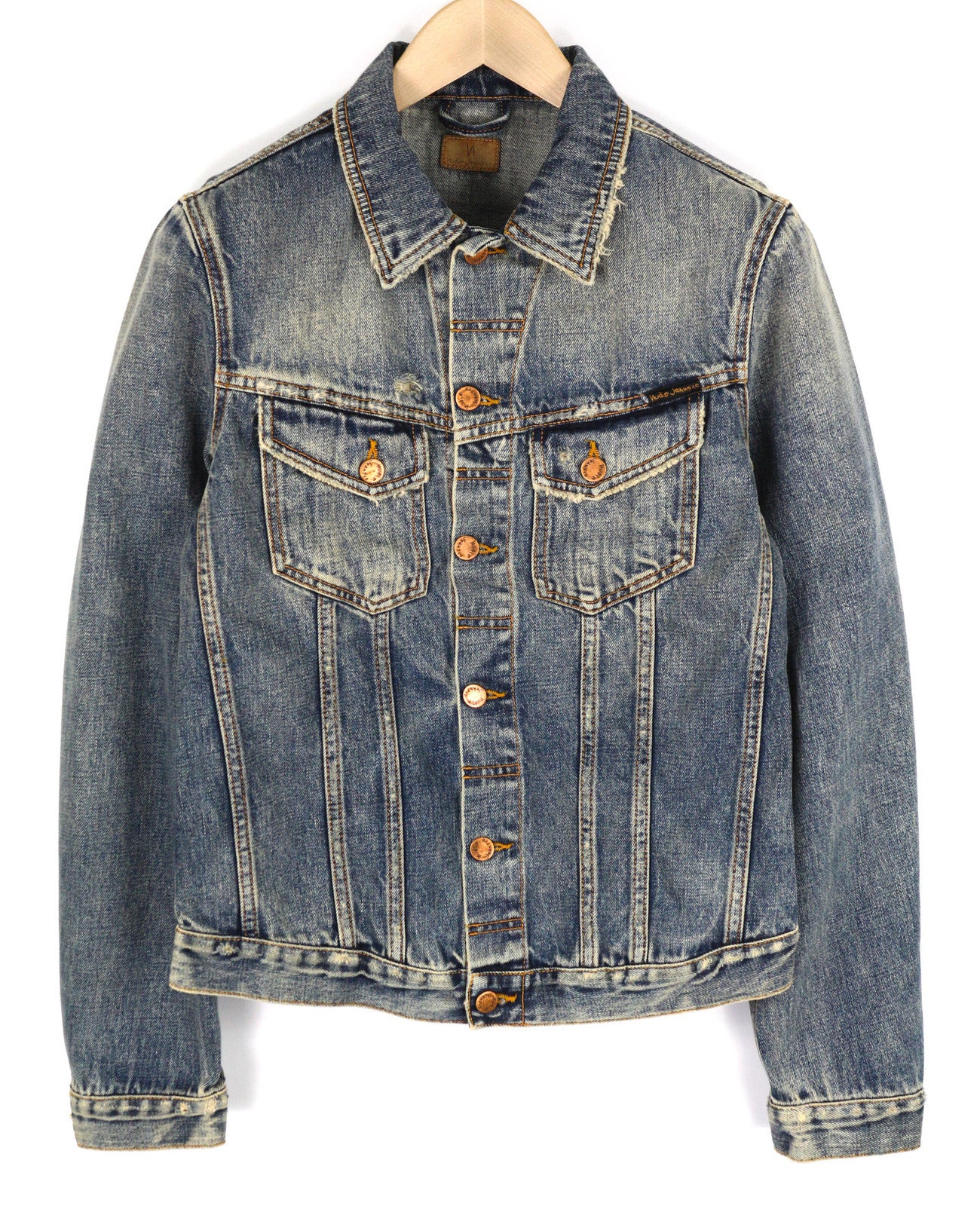 NUDIE Billy vyriška striukė S Shimmering Indigo Washed Denim Button Up Logo 