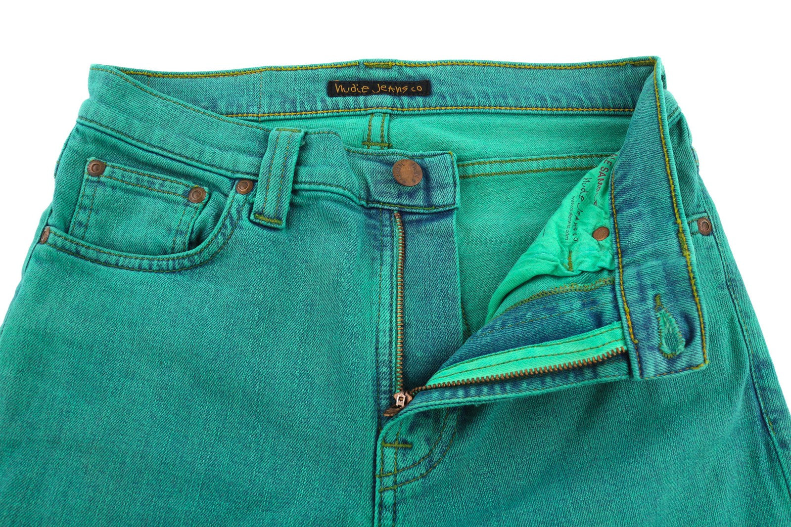 NUDIE High Kai Men Jeans W28/L34 Organic Icon Green Slim Fit Zipped Logo Denim