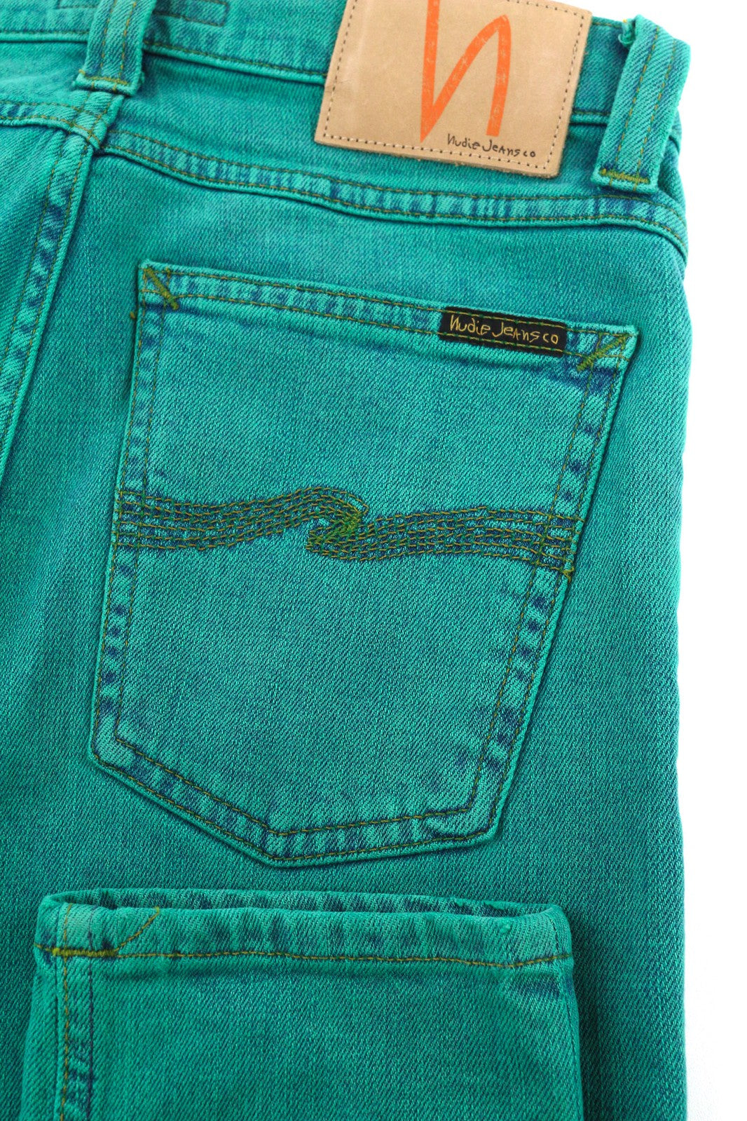 NUDIE High Kai Men Jeans W28/L34 Organic Icon Green Slim Fit Zipped Logo Denim