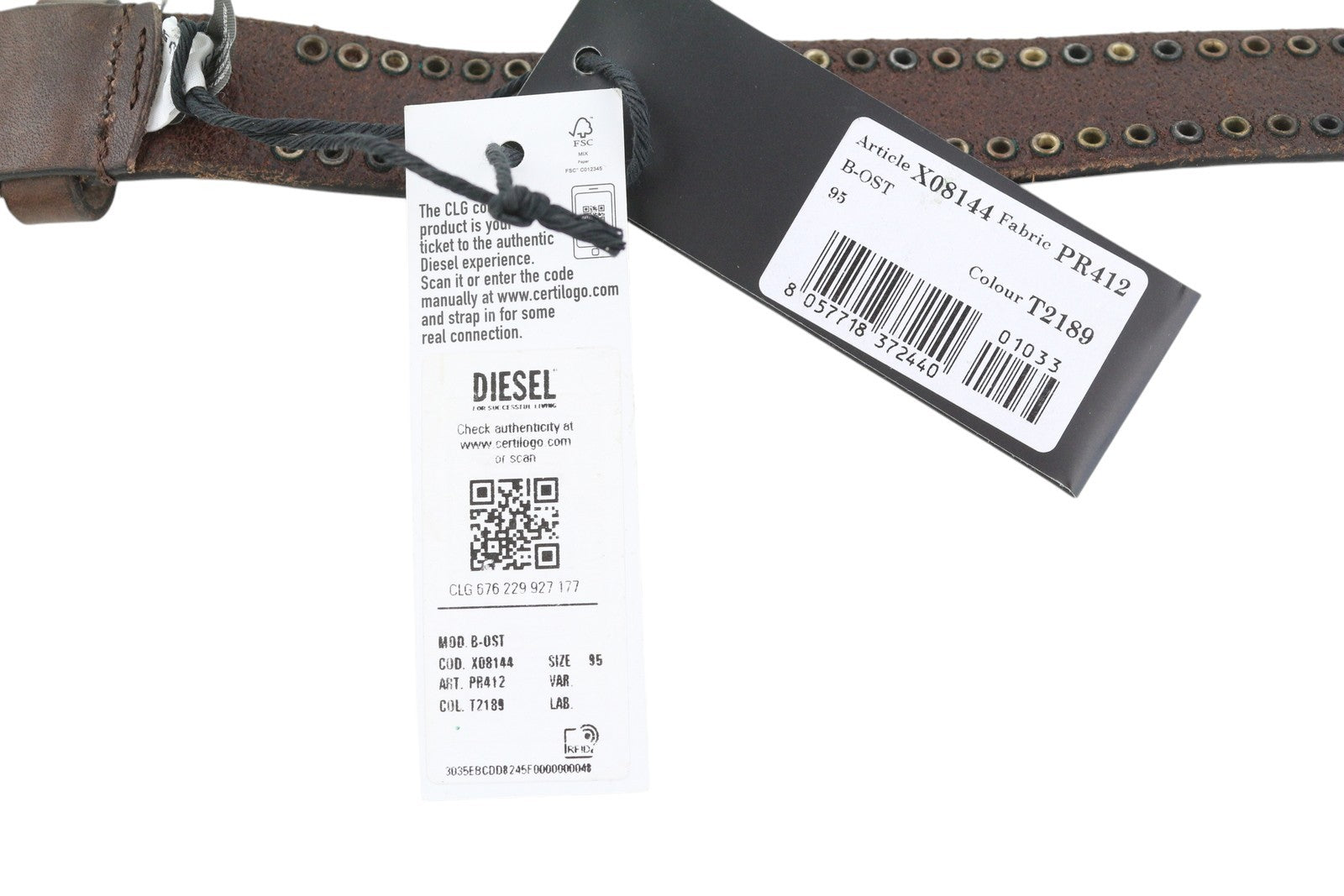 DIESEL B-Ost vyriškas diržas, 95 cm, tamsiai rudas, sidabro atspalvio, su detalėmis, sagtimi, rekomenduojama mažmeninė kaina – 200 € 