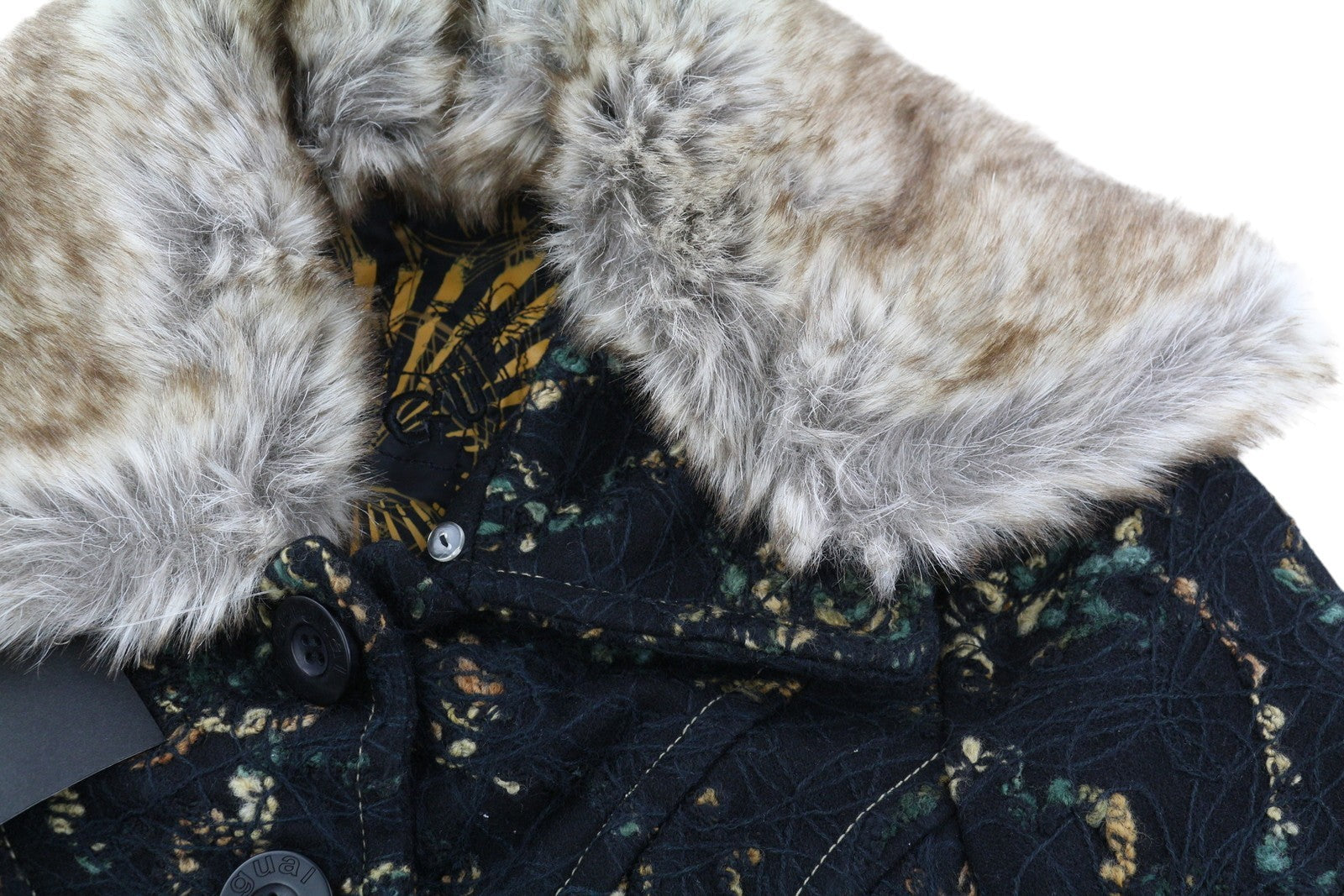 DESIGUAL moteriškas paltas ~XS juodas raštuotas vilnos mišinio paltas su nuimamu dirbtiniu kailiu, vidutinio ilgio 