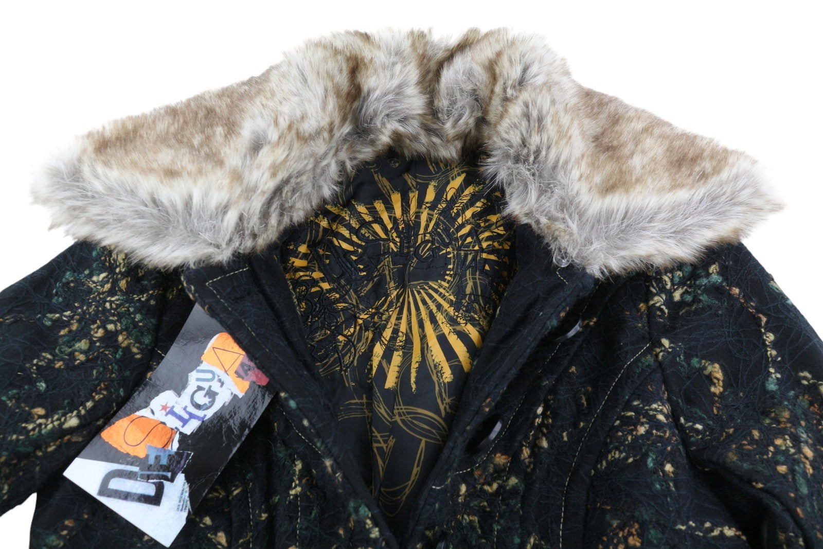 DESIGUAL moteriškas paltas ~XS juodas raštuotas vilnos mišinio paltas su nuimamu dirbtiniu kailiu, vidutinio ilgio 