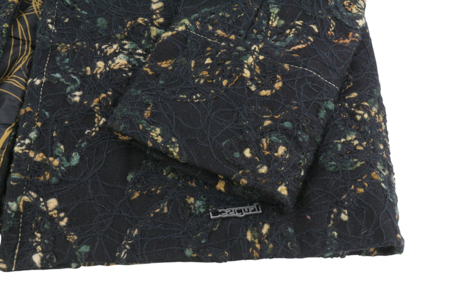 DESIGUAL moteriškas paltas ~XS juodas raštuotas vilnos mišinio paltas su nuimamu dirbtiniu kailiu, vidutinio ilgio 