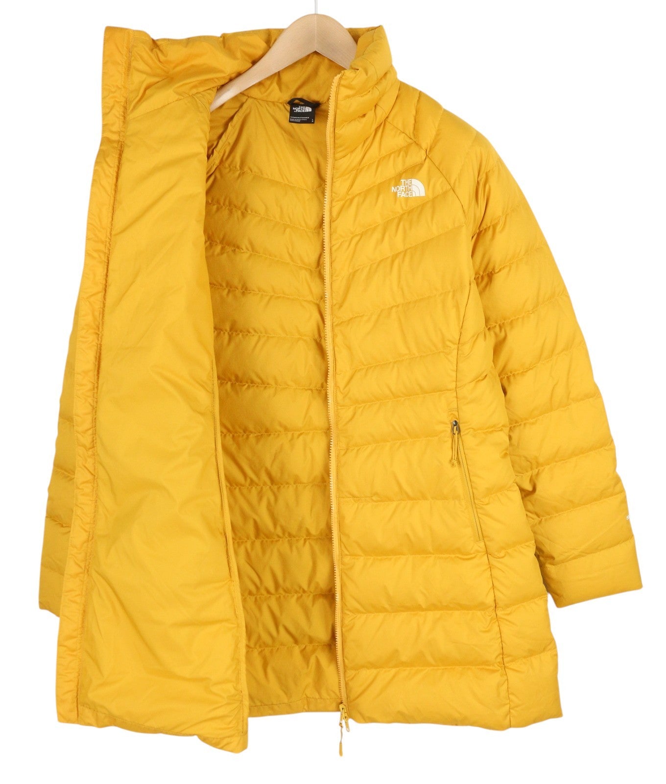THE NORTH FACE „New Ashton Parka“ moteriška striukė, L, geltona, 550 pūkinė, izoliuota, dygsniuota 