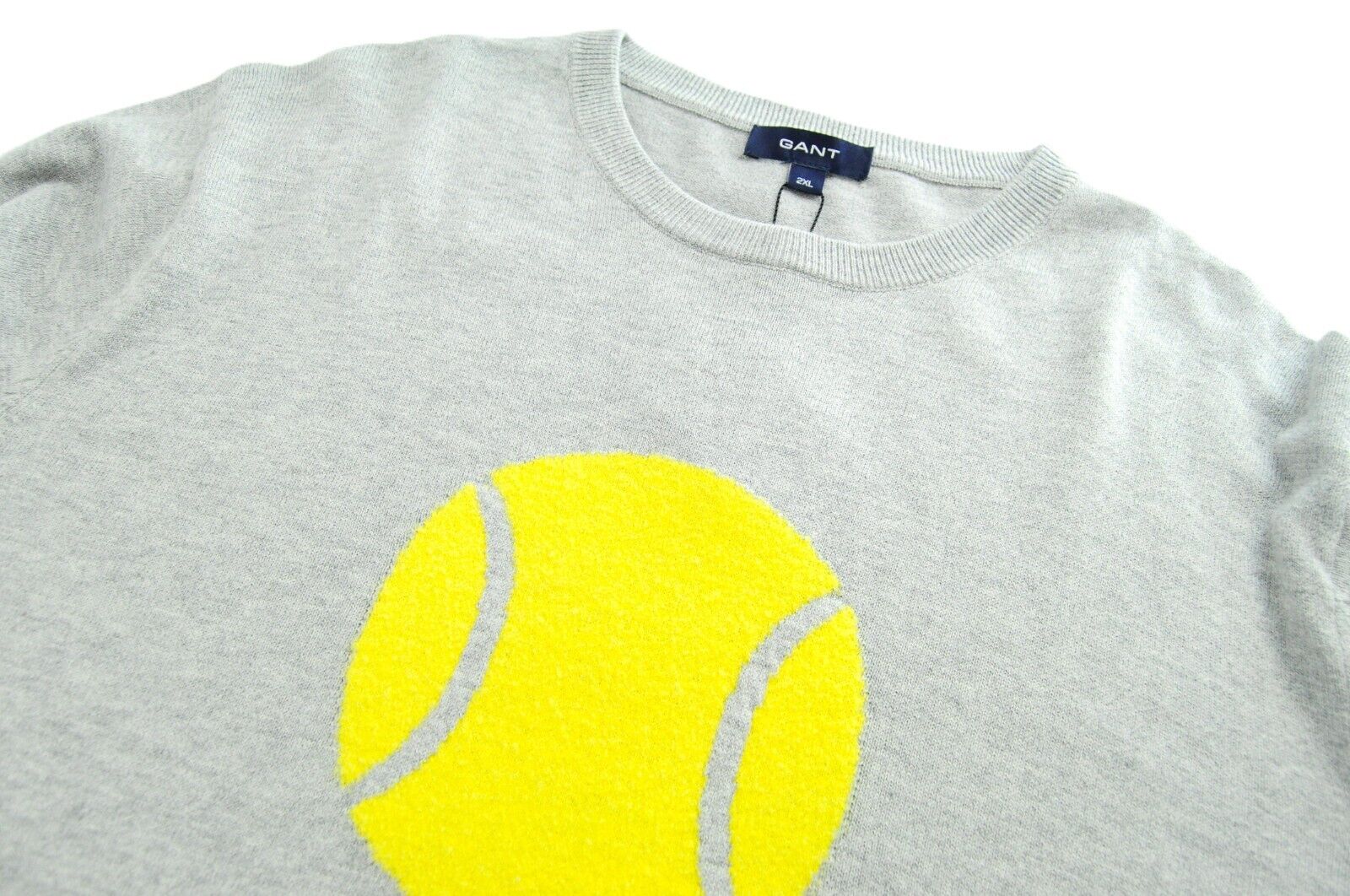 GANT vyriškas 2XL dydžio pilkas megztinis su vilna ir medvilne, ilgomis rankovėmis ir apvalia apykakle ant teniso kamuoliukų 