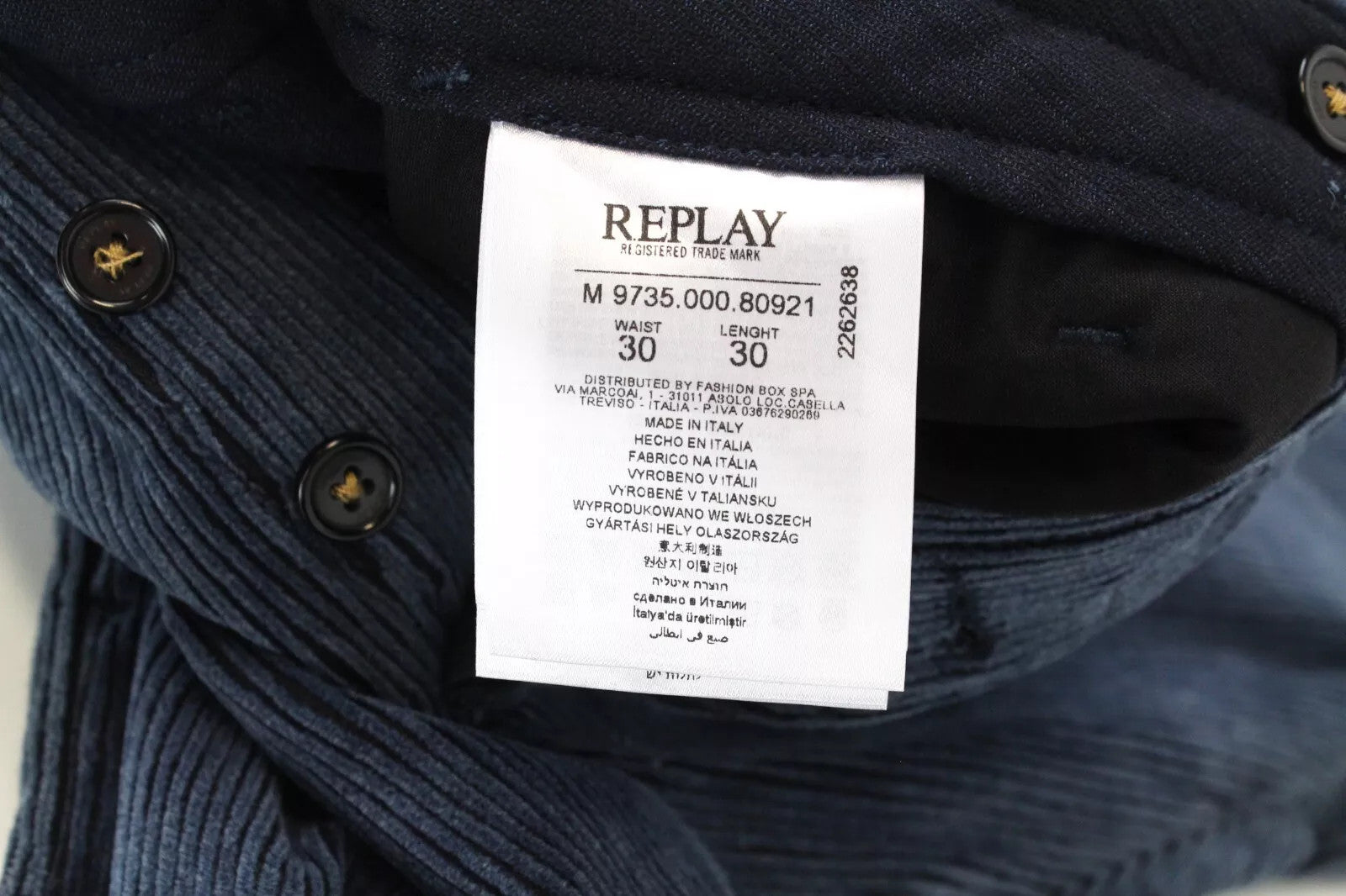 REPLAY Men's Trousers W30/L30 Corduroy Straight Fit Patched Pocket Button-Fly
