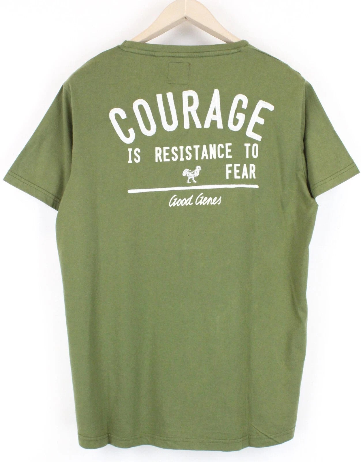 GOOD GENES Men's T-Shirt M Rooster Print Khaki Green Pure Cotton Crew Neck