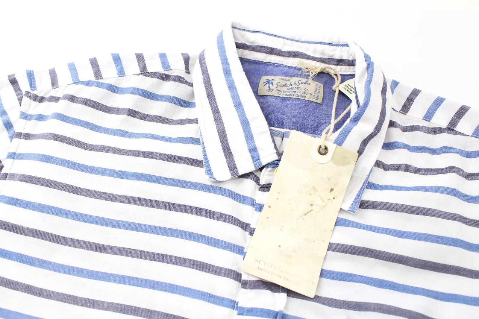 SCOTCH & SODA Men's Shirt M Canvas Collared Striped Short Sleeve Pocket Top
