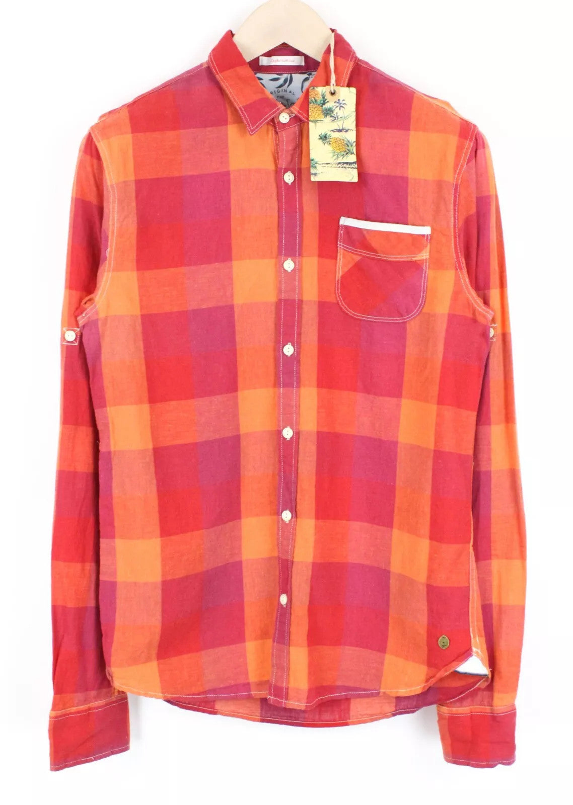 SCOTCH &amp; SODA vyriški marškiniai S dydžio languoti lininiai medvilnės mišinio marškiniai su ryškia apvadine kišene 