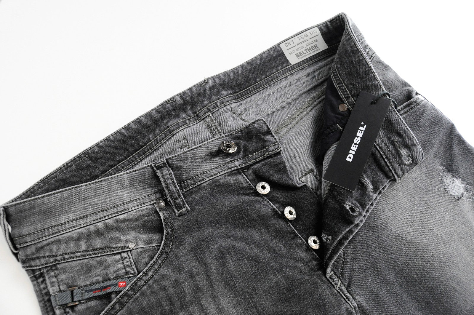 DIESEL Belther 0673P Men's Grey Ripped Tapered Jeans W31/L32 Cotton Stretch