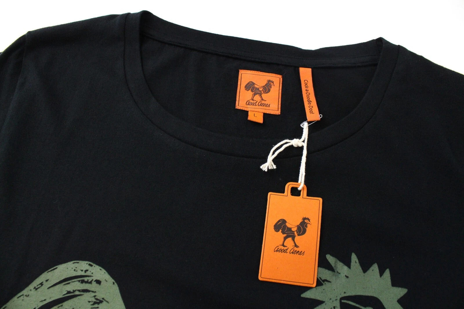 GOOD GENES vyriški marškinėliai su juodu L dydžio grynos medvilnės gaidžio logotipu ir trumpomis rankovėmis 