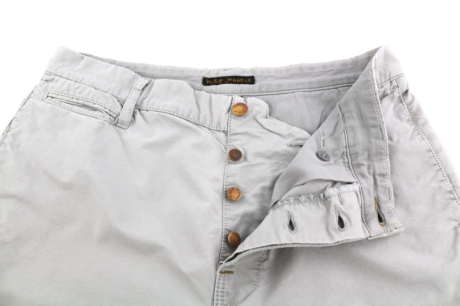 NUDIE JEANS chaki spalvos įprastos vyriškos kelnės W32/L34 organinės mėnulio dulkės chino spalvos su sagomis 