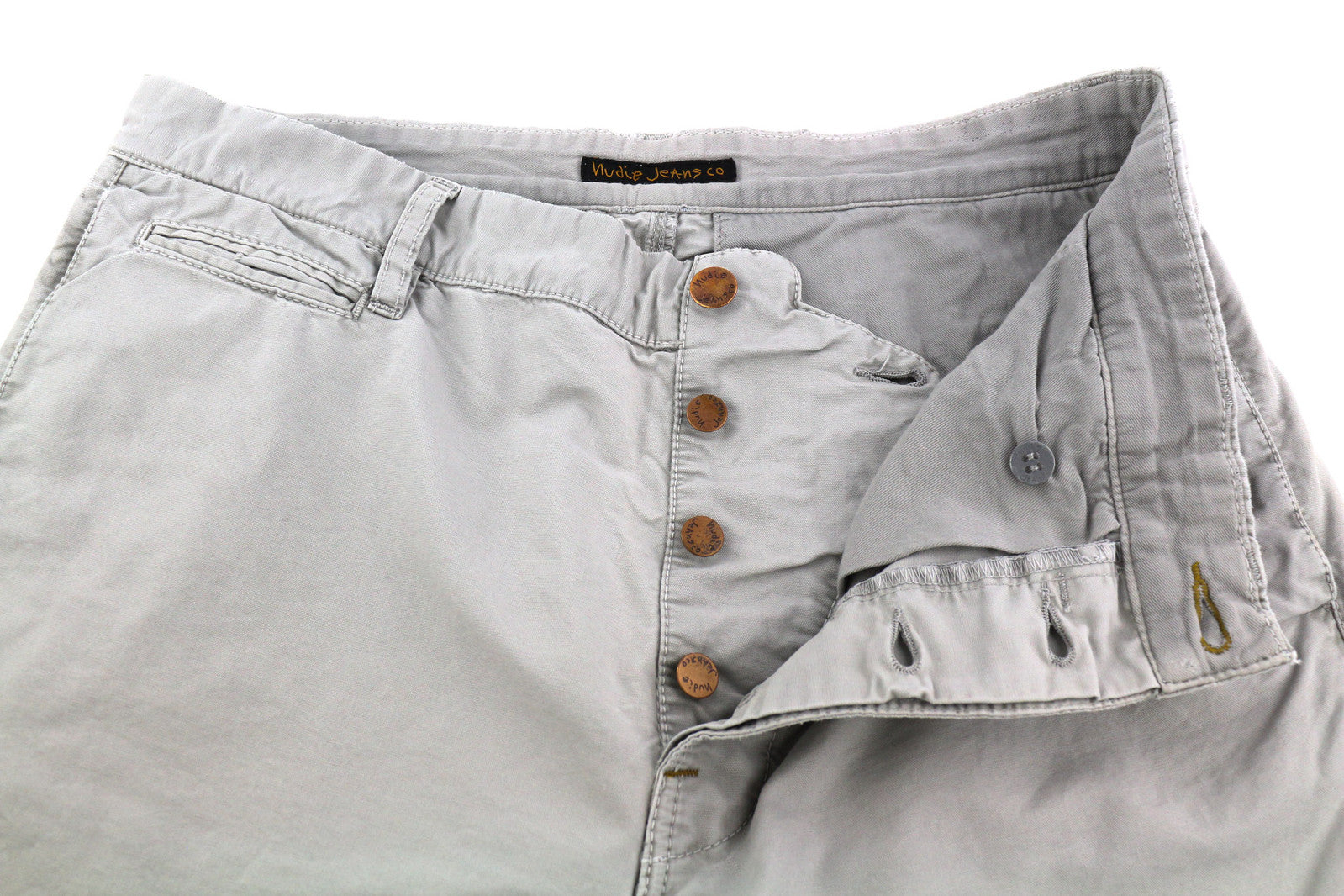 NUDIE JEANS chaki spalvos įprastos vyriškos kelnės W32/L34 organinės mėnulio dulkės chino spalvos su sagomis 