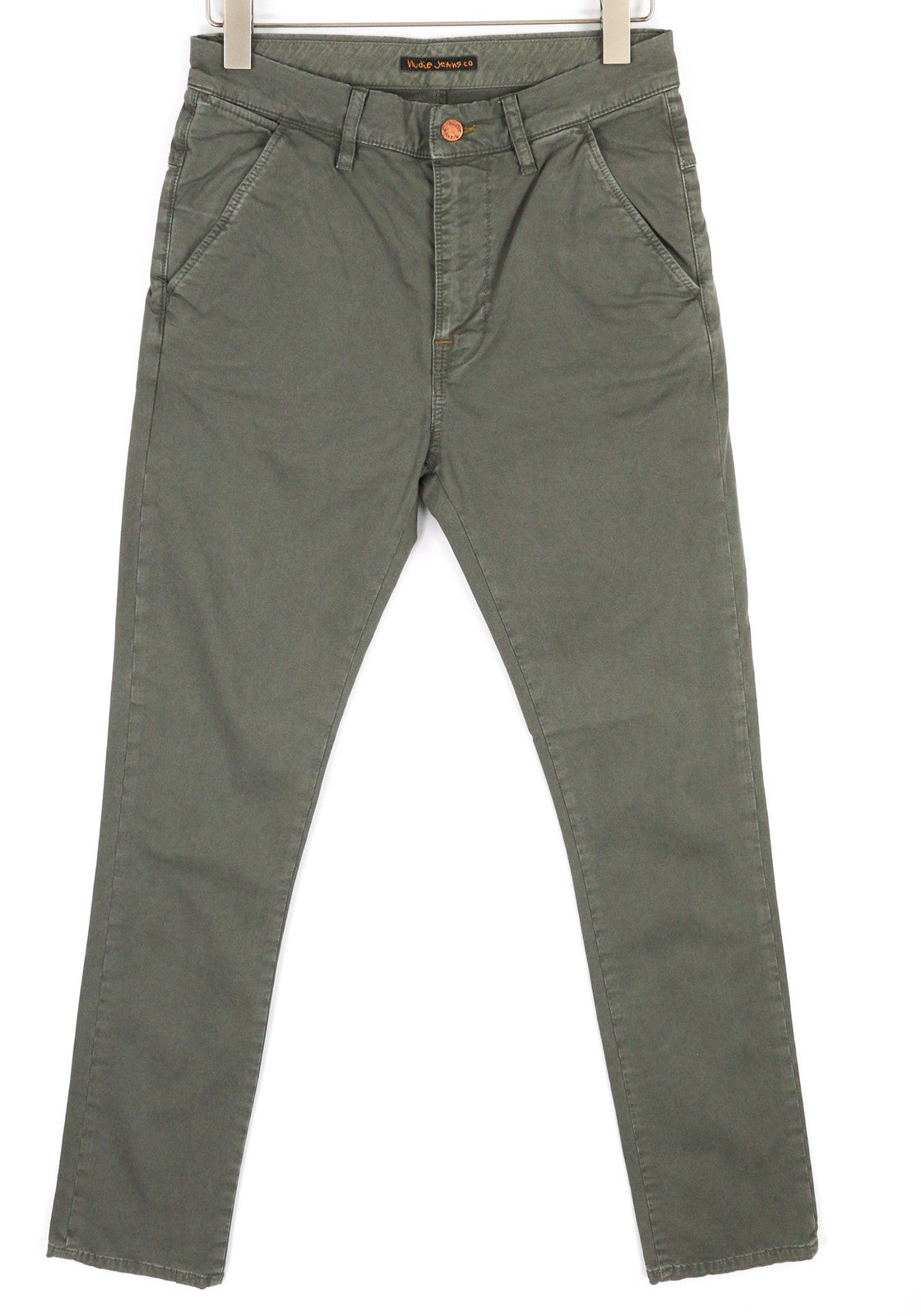 NUDIE JEANS chaki spalvos plonos vyriškos kelnės W29/L32 šešėlių spalvos skalbinių spalvos, organinio užtrauktuko chino audinys, vidutinio ilgio 