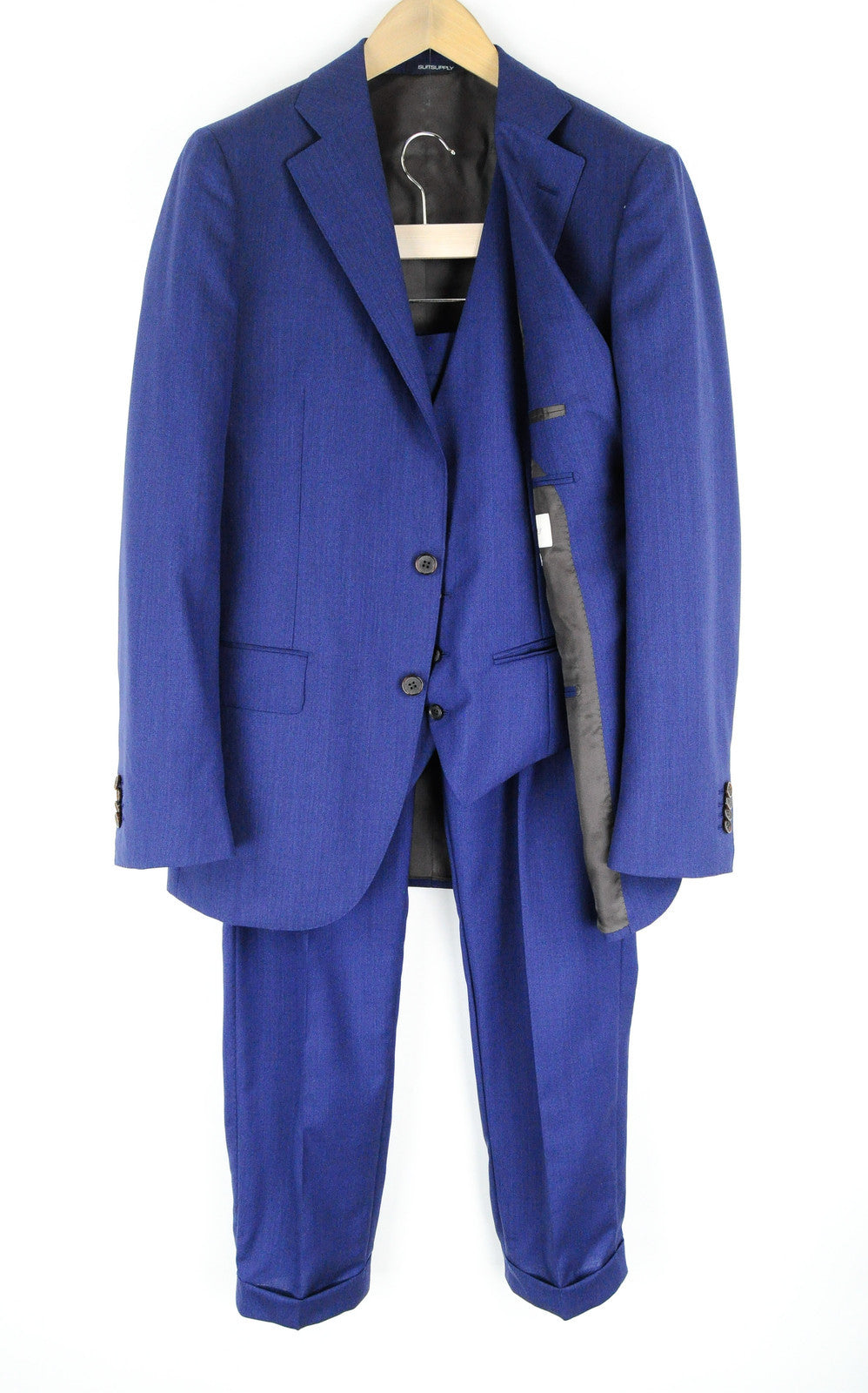 SUITSUPPLY Lazio vyriškas mėlynas kostiumas, UK40L, plonas, trijų dalių, melanžo spalvos, su pamušalu 