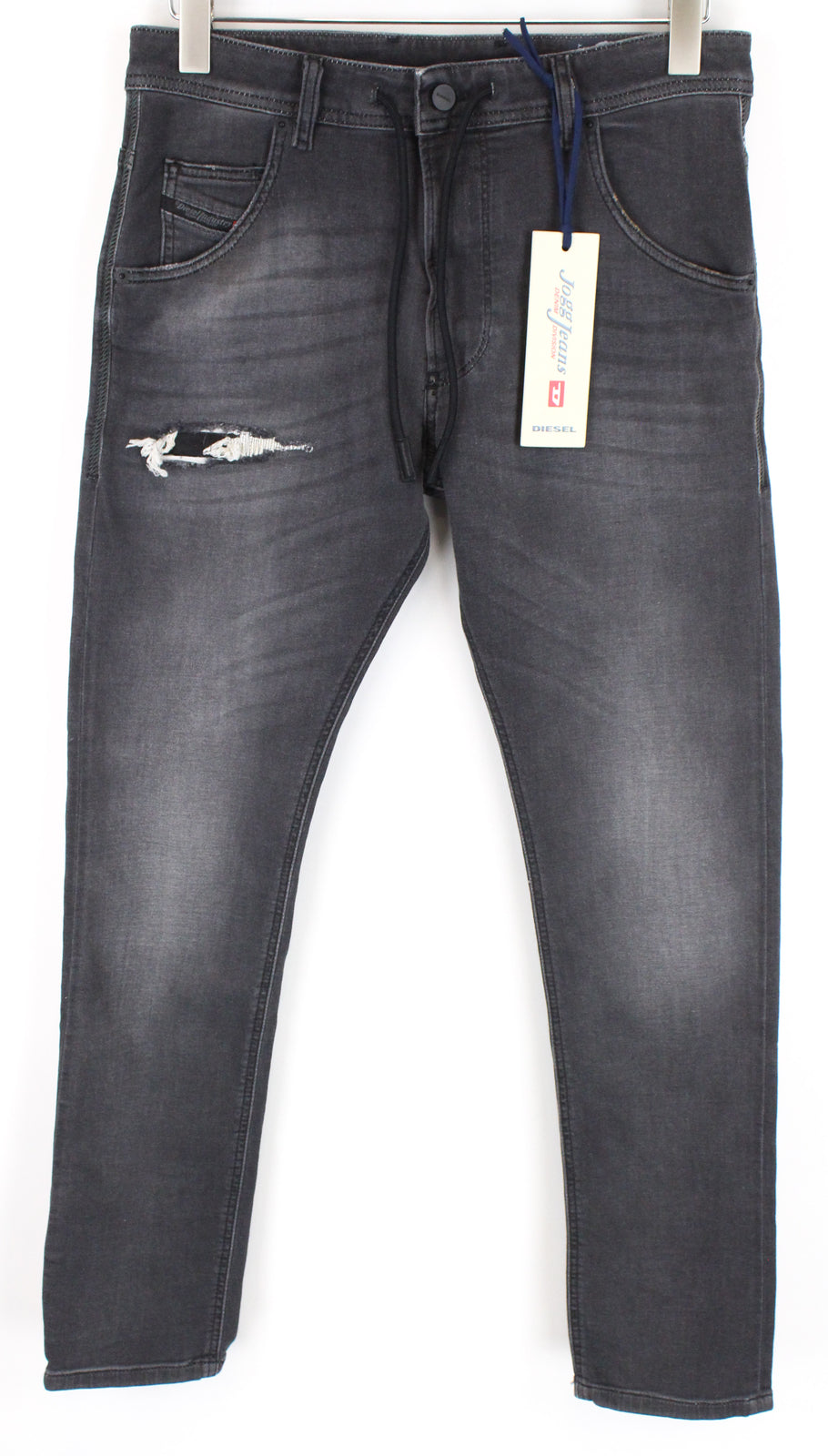 DIESEL Krooley CB-NE 069EM vyriški pilki jogginiai džinsai W28 apdriskę, ploni, morkų kirpimo 