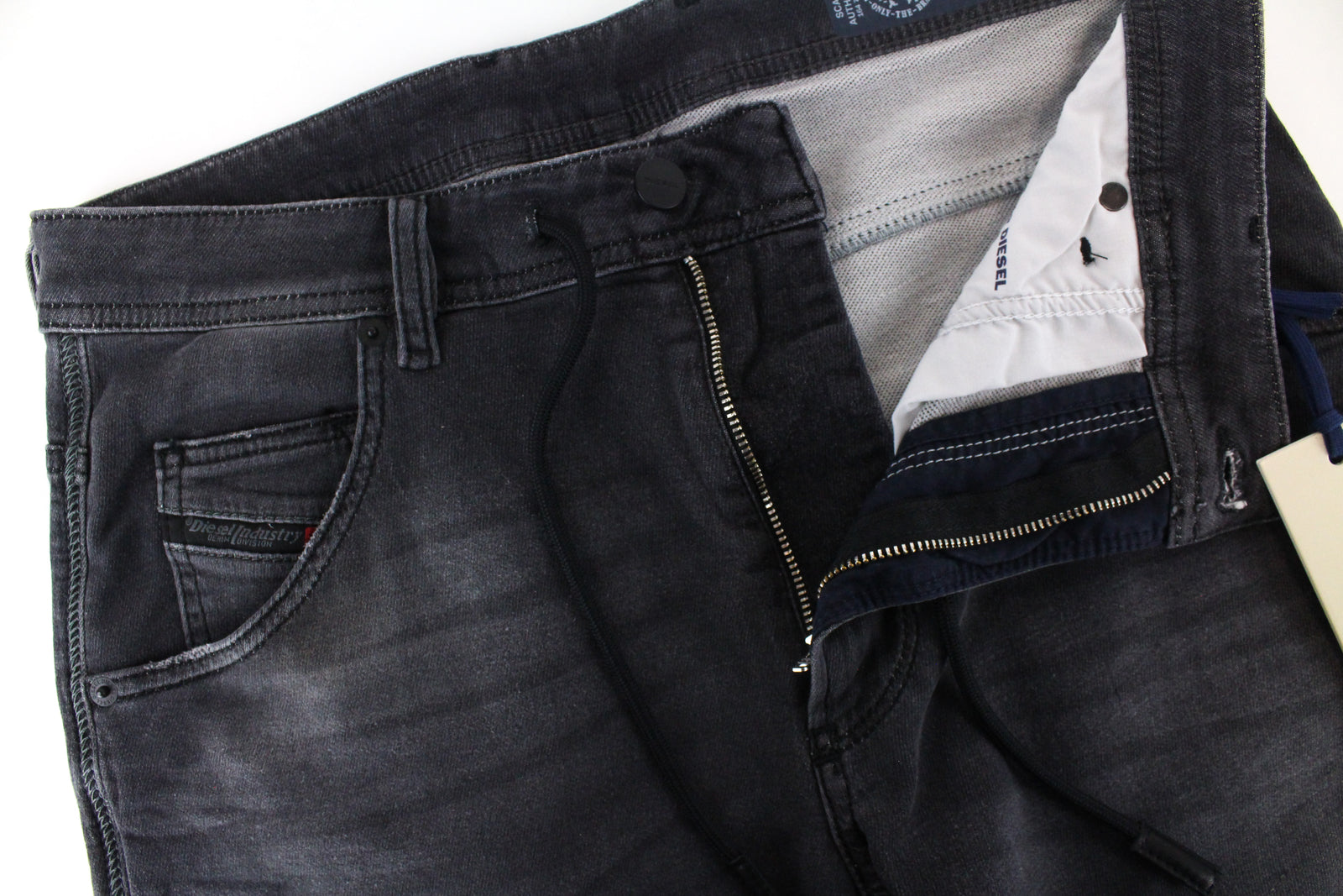 DIESEL Krooley CB-NE 069EM vyriški pilki jogginiai džinsai W28 apdriskę, ploni, morkų kirpimo 