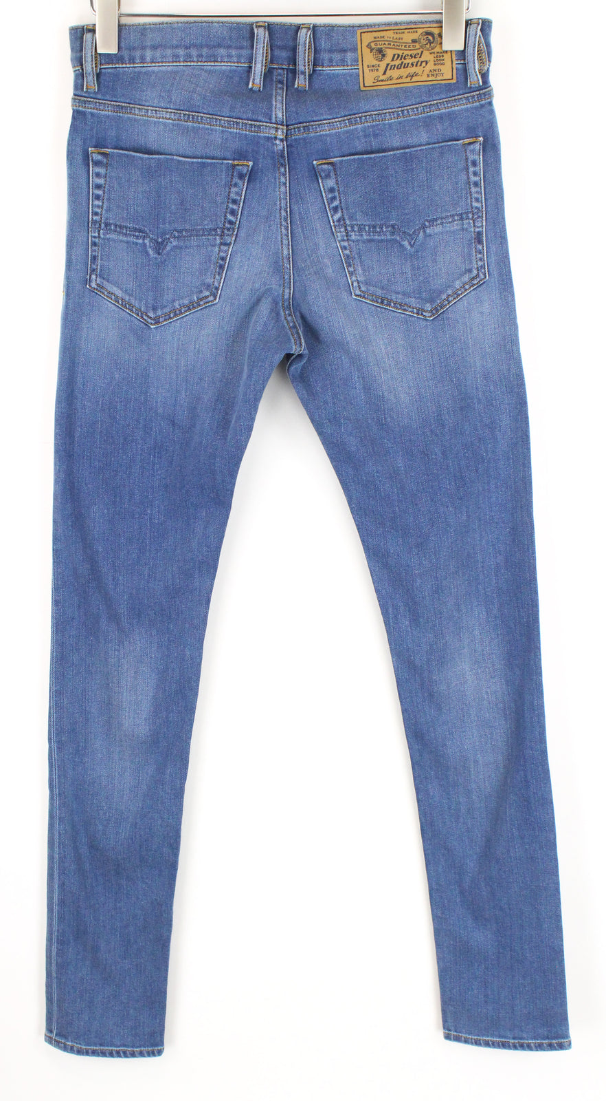 DIESEL Tepphar-X R8XA3 vyriški mėlyni ploni morkų rašto tamprūs džinsai W28/L34 su sagomis 