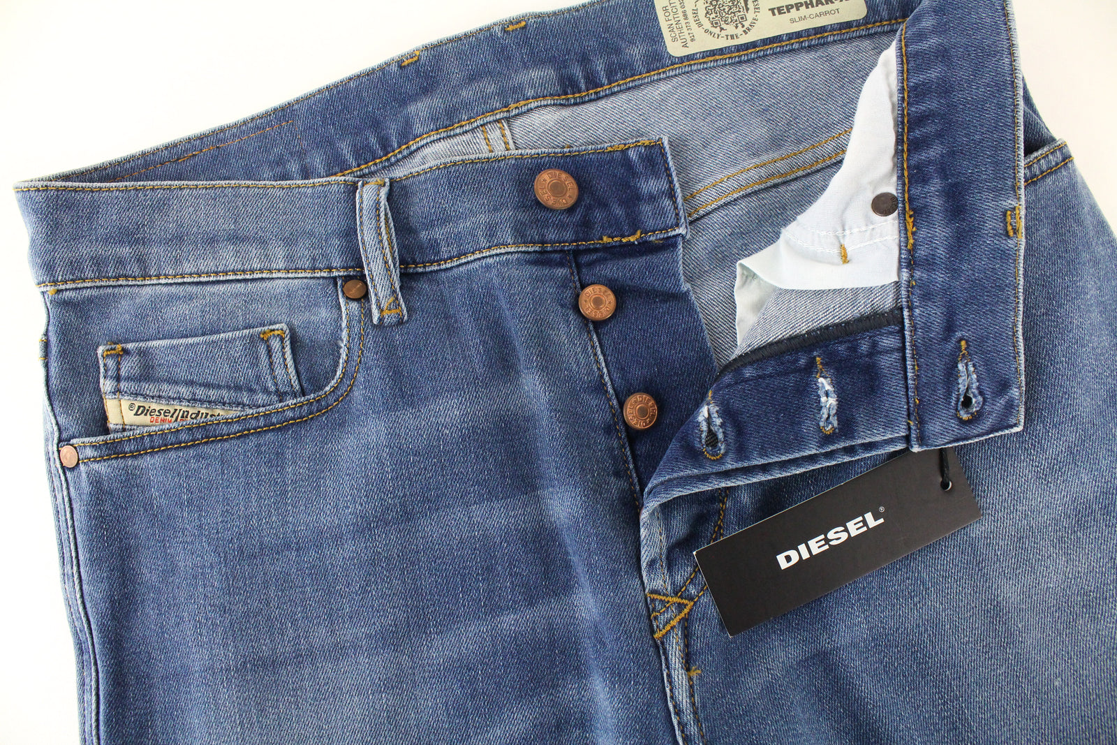 DIESEL Tepphar-X R8XA3 vyriški mėlyni ploni morkų rašto tamprūs džinsai W28/L34 su sagomis 