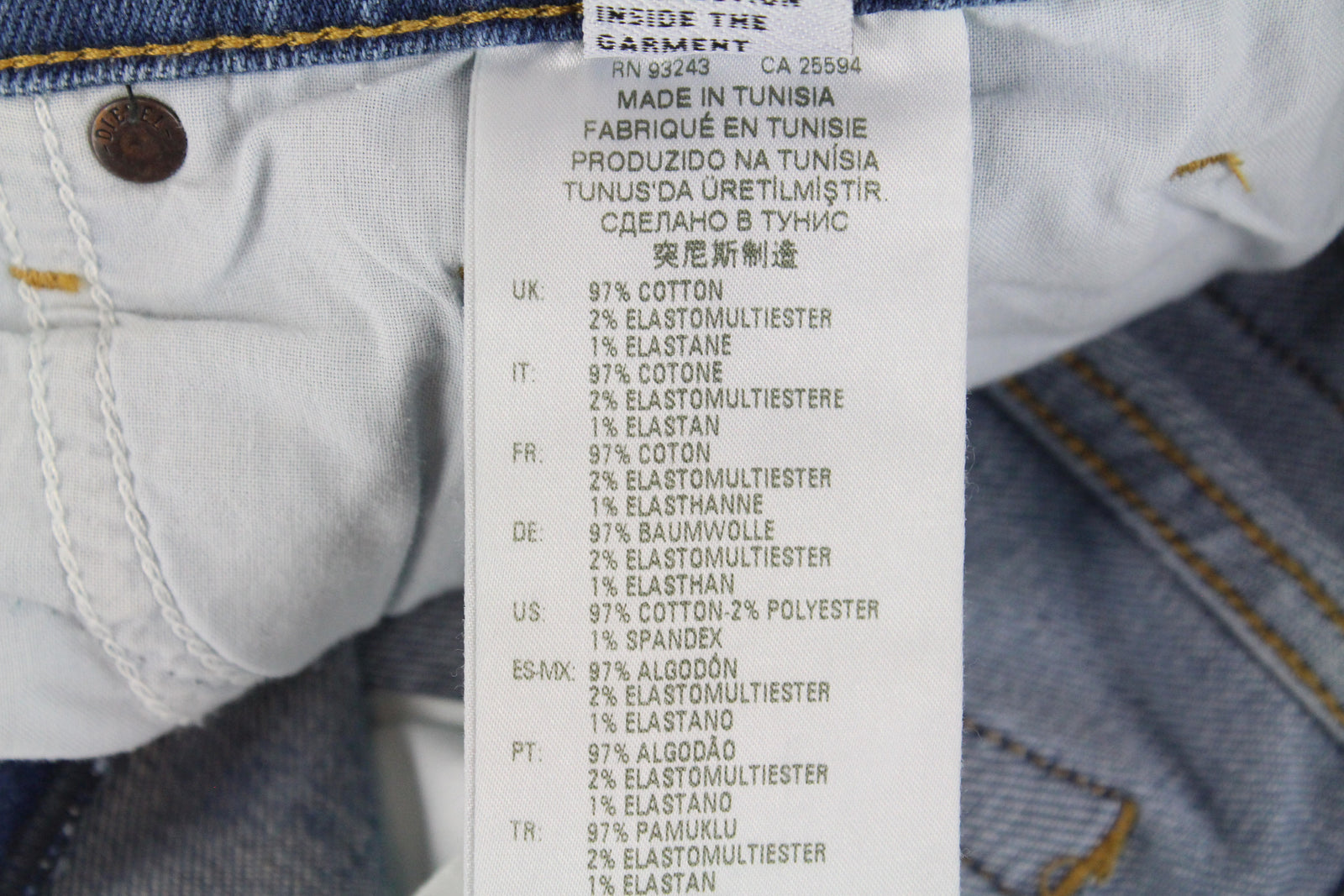 DIESEL Tepphar-X R8XA3 vyriški mėlyni ploni morkų rašto tamprūs džinsai W28/L34 su sagomis 