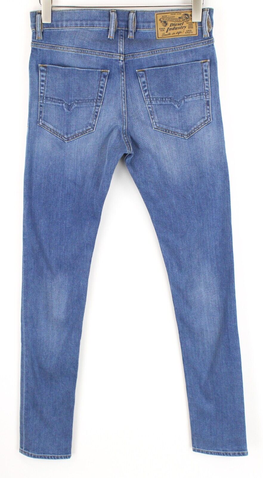 DIESEL Tepphar-X R8XA3 vyriški mėlyni ploni morkų stiliaus tamprūs džinsai su sagomis W29/L34 