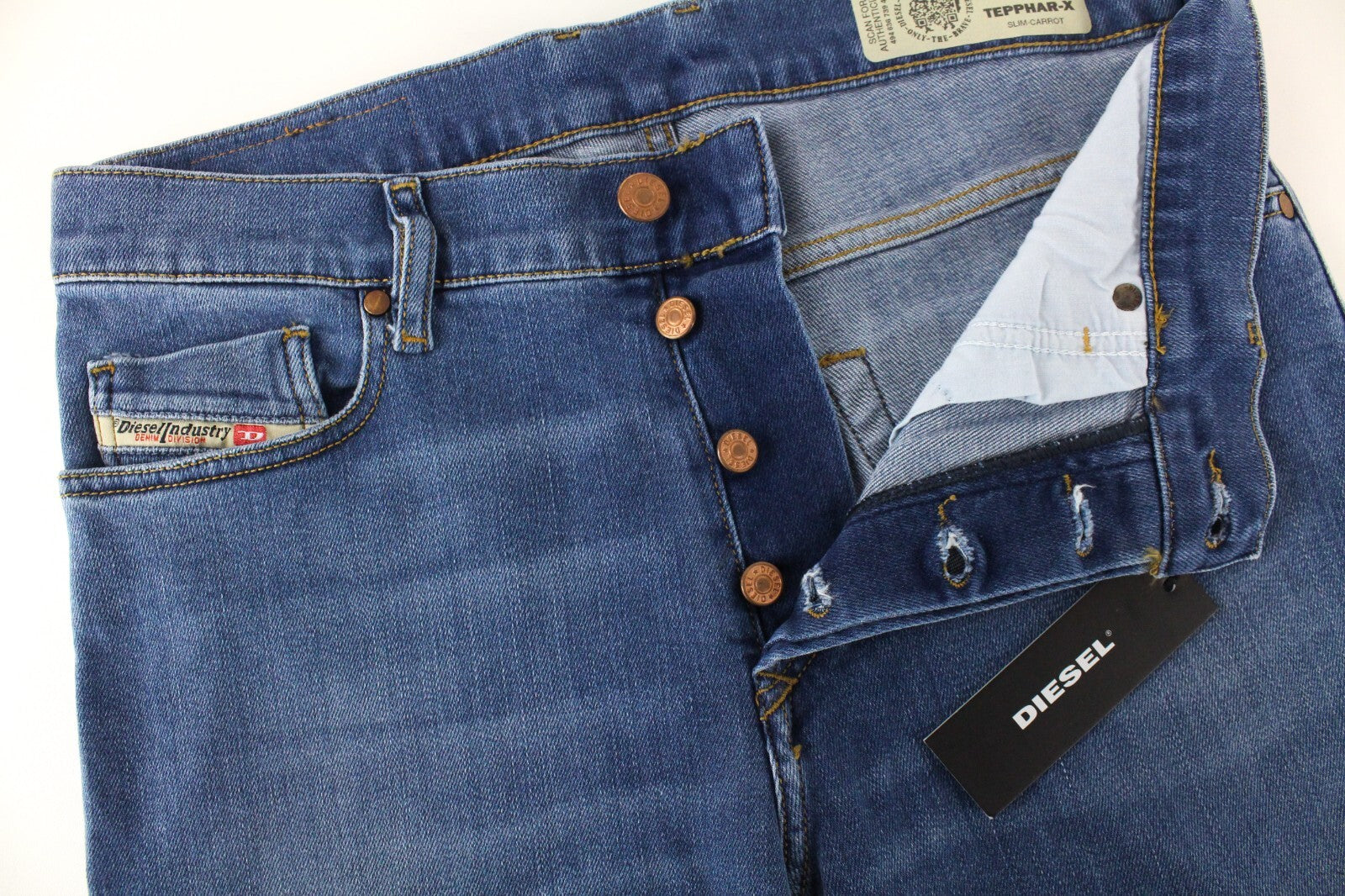 DIESEL Tepphar-X R8XA3 vyriški mėlyni ploni morkų stiliaus tamprūs džinsai su sagomis W29/L34 
