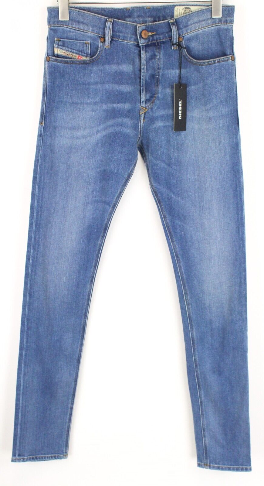 DIESEL Tepphar-X R8XA3 vyriški šviesiai mėlyni ploni morkų stiliaus džinsai su sagomis W30/L34 