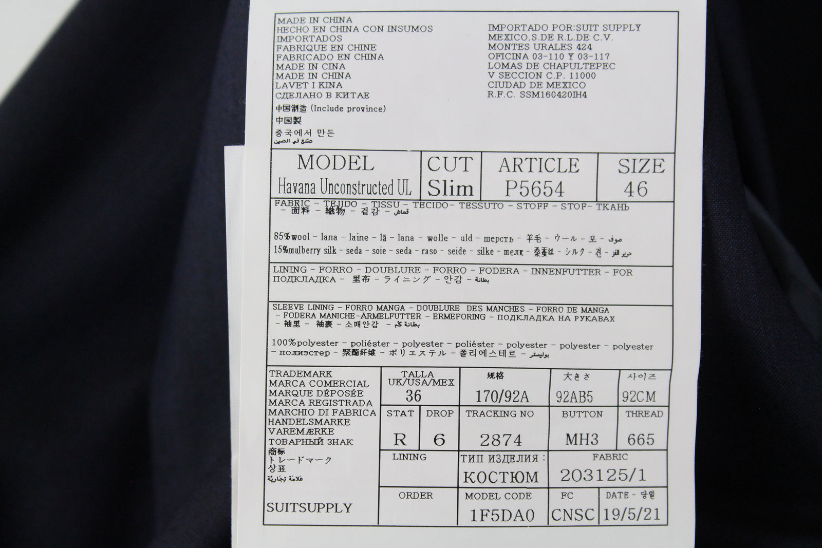 SUITSUPPLY vyriškas mėlynas kostiumas „Havana“, UK36R, dviejų dalių be pamušalo, vilnonis, šilkmedis 