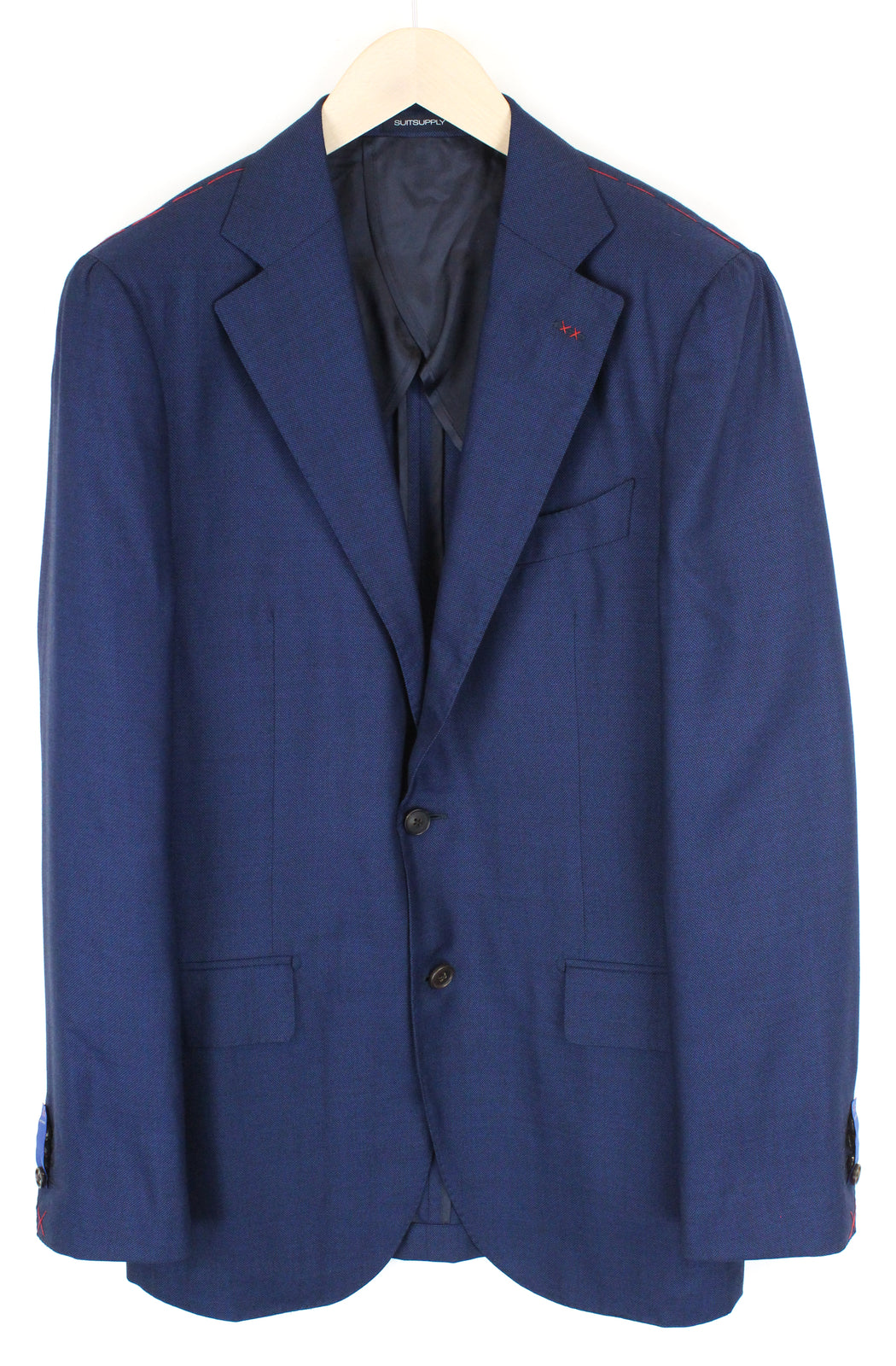 „SUITSUPPLY Jort“ vyriškas mėlynas languotas vilnonis šilkinis švarkas su languotu raštu, UK40L, plonas kirpimas 