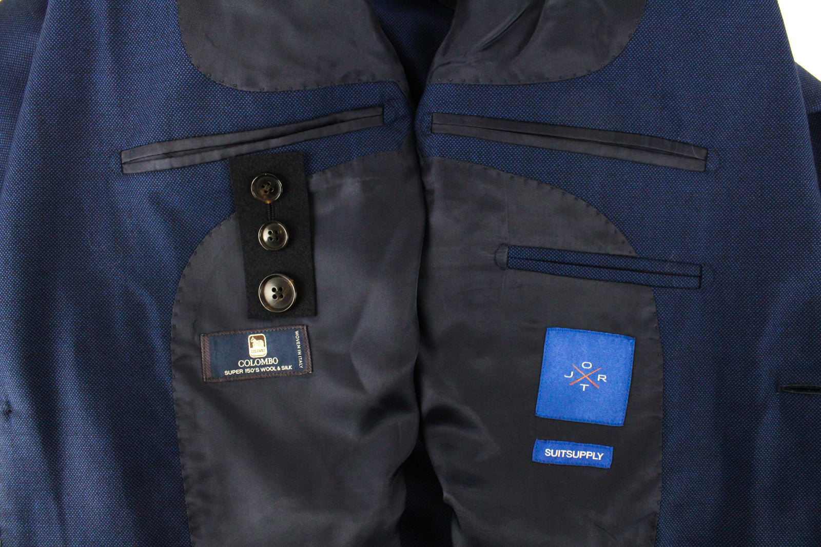 „SUITSUPPLY Jort“ vyriškas mėlynas languotas vilnonis šilkinis švarkas su languotu raštu, UK40L, plonas kirpimas 