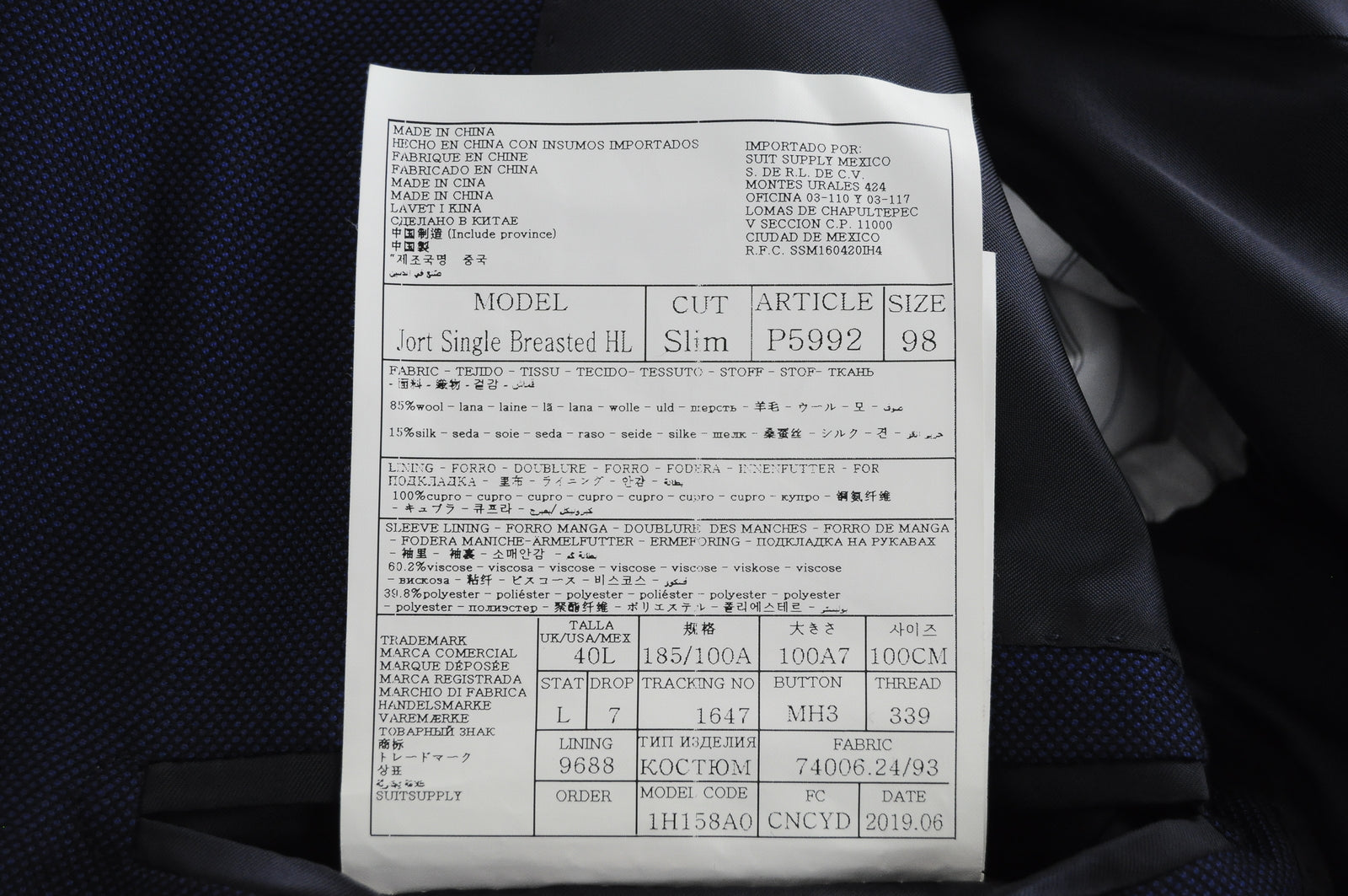 „SUITSUPPLY Jort“ vyriškas mėlynas languotas vilnonis šilkinis švarkas su languotu raštu, UK40L, plonas kirpimas 