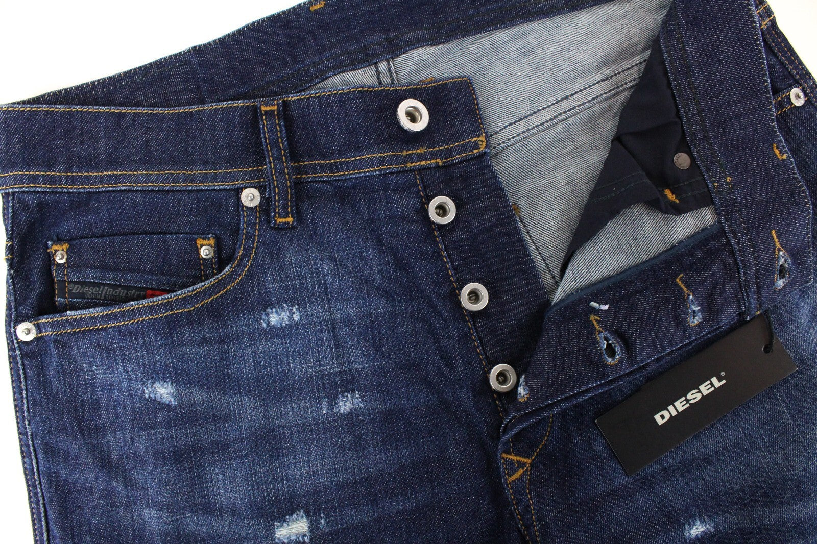 DIESEL Tepphar R7NA8 vyriški mėlyni apdriskę ploni morkų rašto džinsai W29/L32 mažai tamprūs 