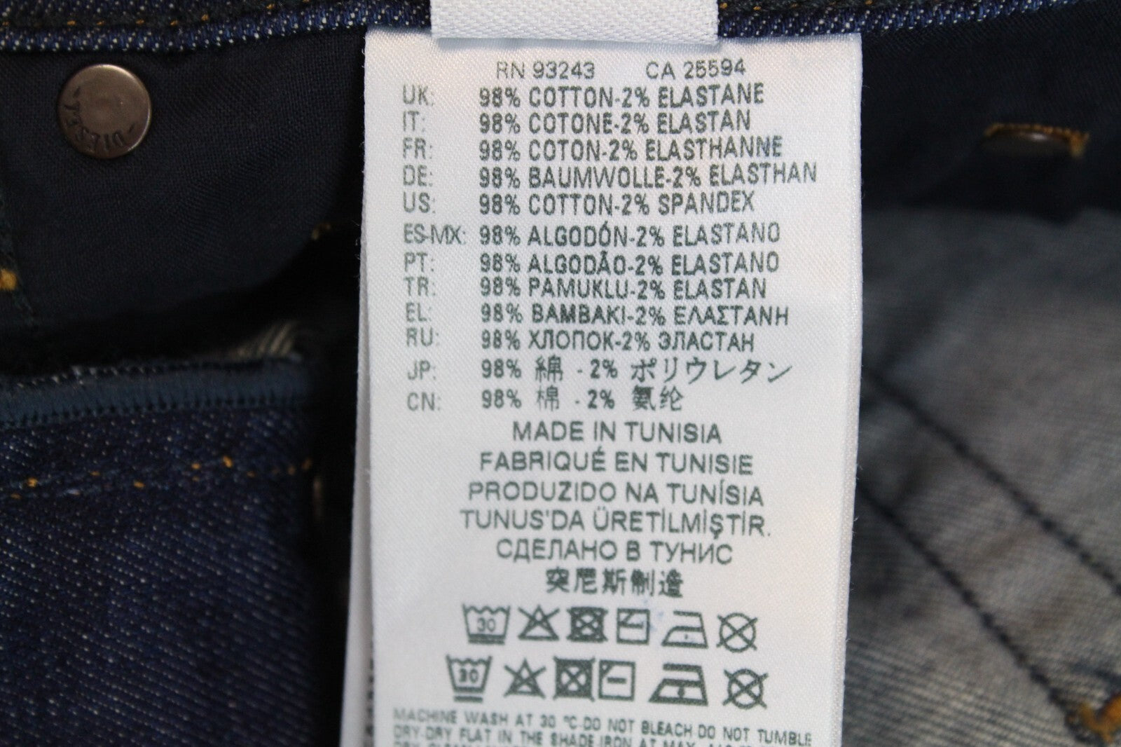 DIESEL Tepphar R7NA8 vyriški mėlyni apdriskę ploni morkų rašto džinsai W29/L32 mažai tamprūs 