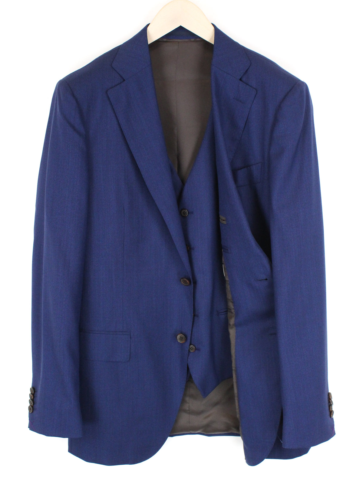 SUITSUPPLY Lazio vyriškas mėlynas vilnonis kostiumas, UK42L, dviejų dalių švarkas, liemenė, plonas kirpimas 