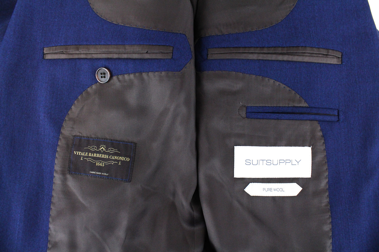 SUITSUPPLY Lazio vyriškas mėlynas vilnonis kostiumas, UK42L, dviejų dalių švarkas, liemenė, plonas kirpimas 