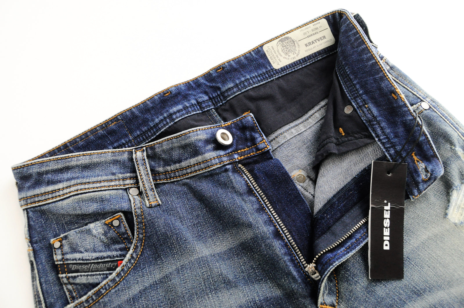 DIESEL Krayver R6ZD4 vyriški mėlyni ploni morkų rašto tamprūs džinsai W28/L32 