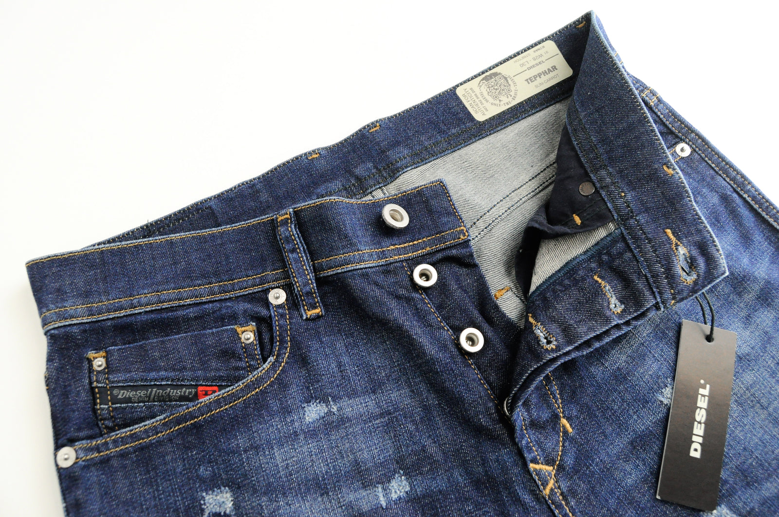 DIESEL Tepphar R7NA8 vyriški mėlyni ploni morkų rašto tamprūs džinsai W28/L30 medvilniniai 