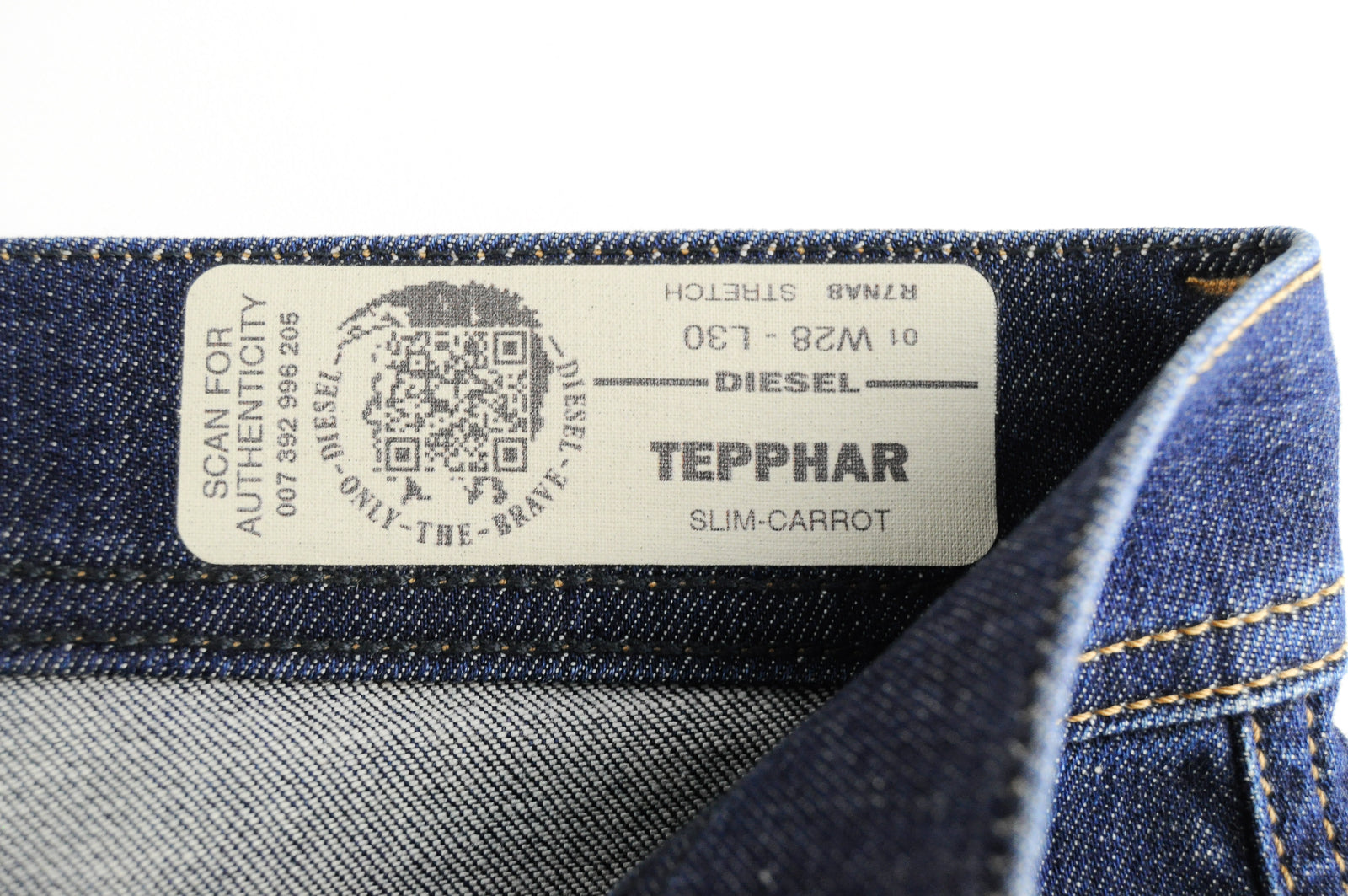 DIESEL Tepphar R7NA8 vyriški mėlyni ploni morkų rašto tamprūs džinsai W28/L30 medvilniniai 