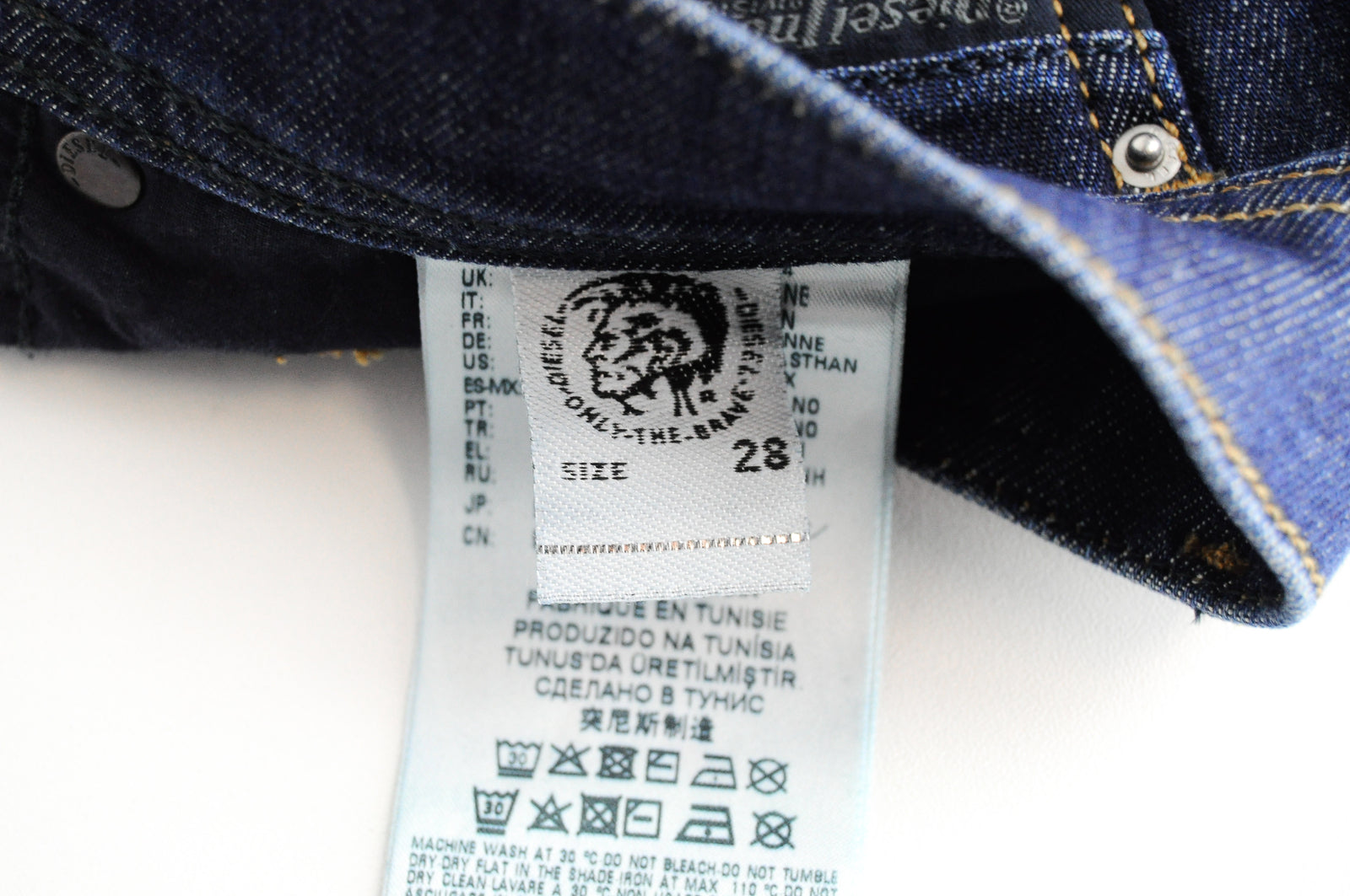 DIESEL Tepphar R7NA8 vyriški mėlyni ploni morkų rašto tamprūs džinsai W28/L30 medvilniniai 