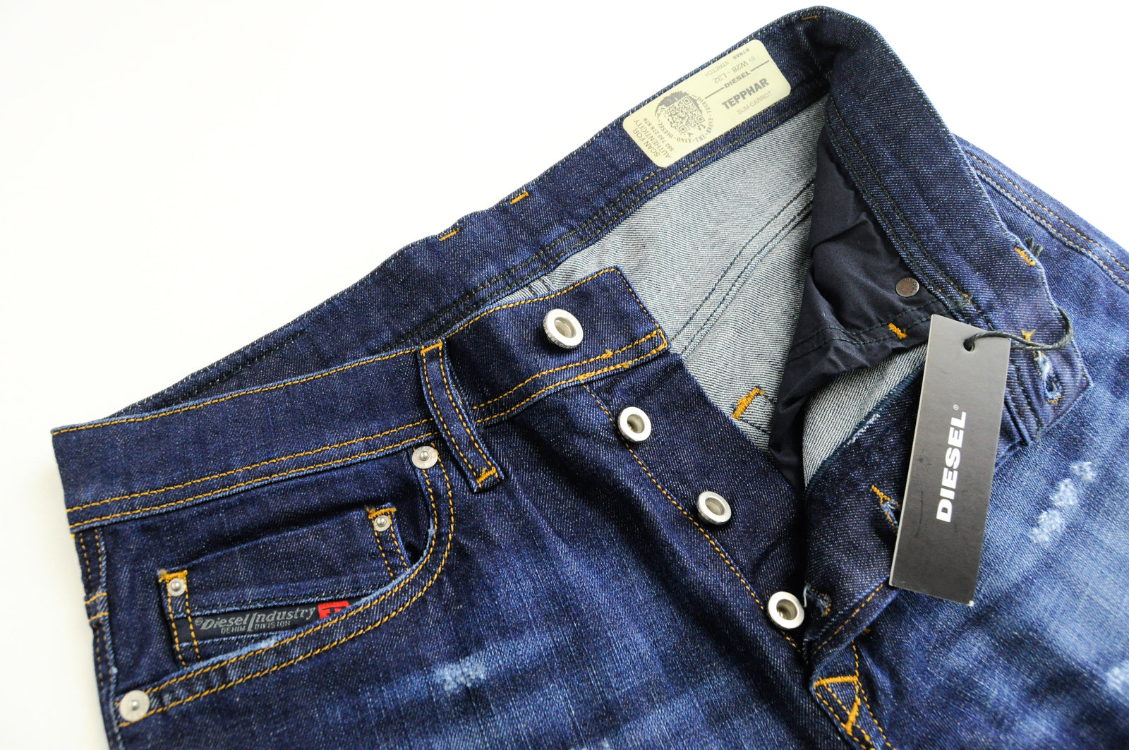 DIESEL Tepphar R7NA8 vyriški mėlyni apdriskę ploni morkų rašto tamprūs džinsai W28/L32 