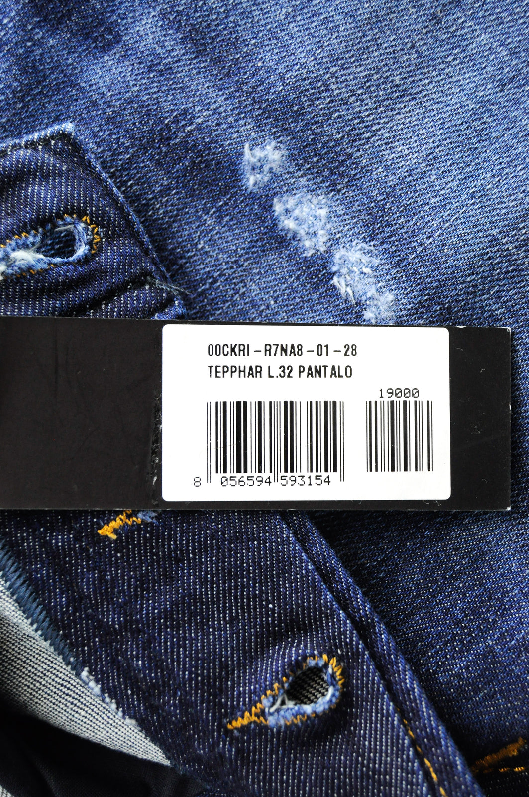 DIESEL Tepphar R7NA8 vyriški mėlyni apdriskę ploni morkų rašto tamprūs džinsai W28/L32 