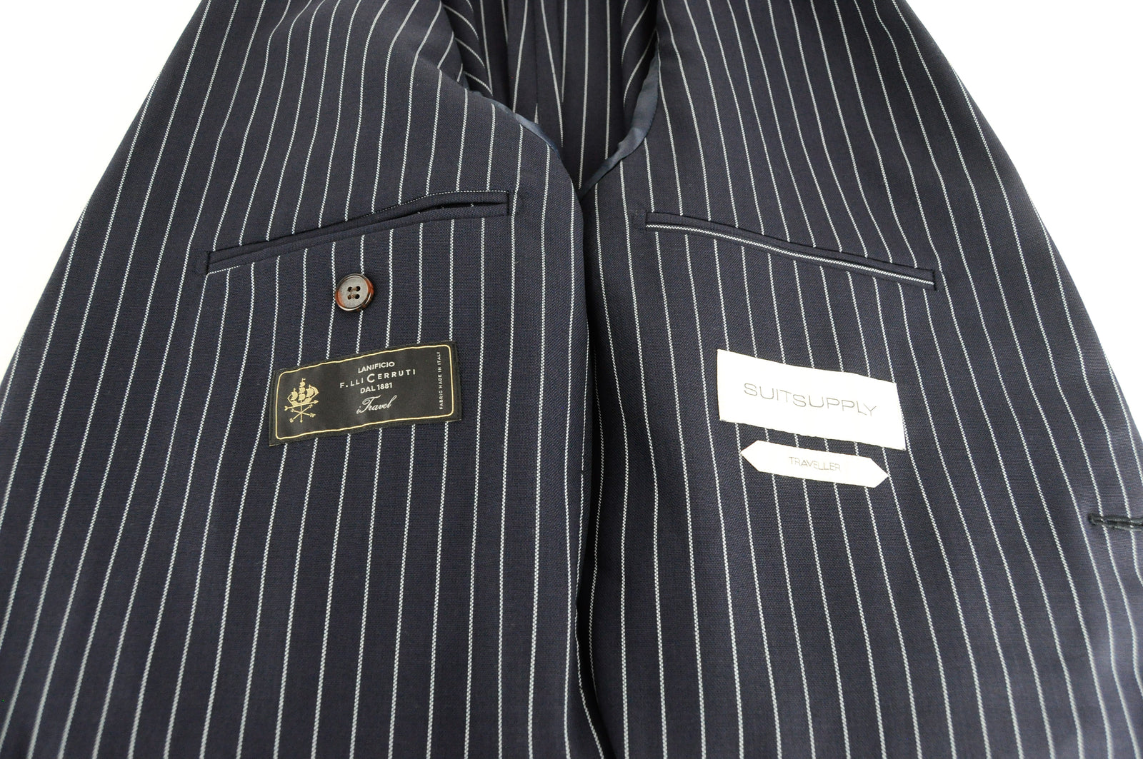 „SUITSUPPLY Havana Traveller“ vyriškas tamsiai mėlynas dryžuotas plonas vilnonis švarkas be pamušalo, UK40R 