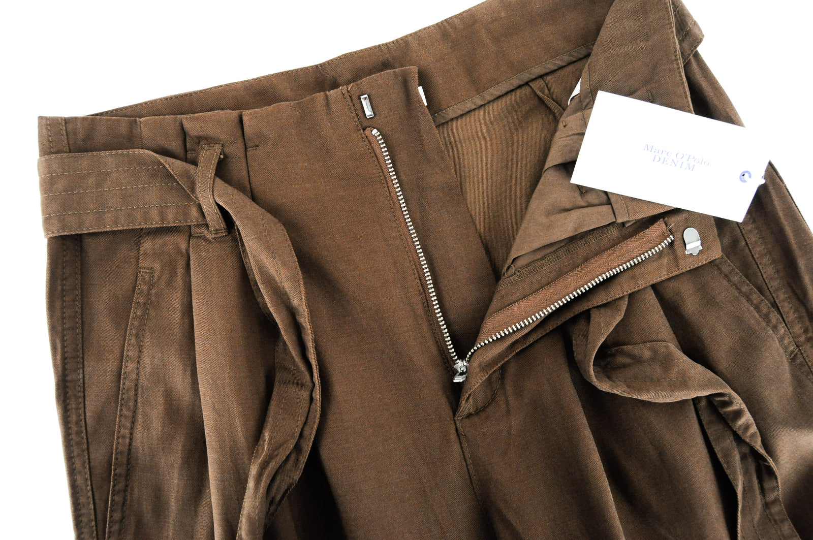 MARC O'POLO Women Trousers W28 Brown Cotton Blend Pleated Belted Multi Pocket